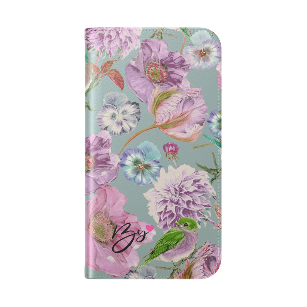 Floral Bird Flip Phone Case — Pastel Garden Wallet Cover with Card Slots