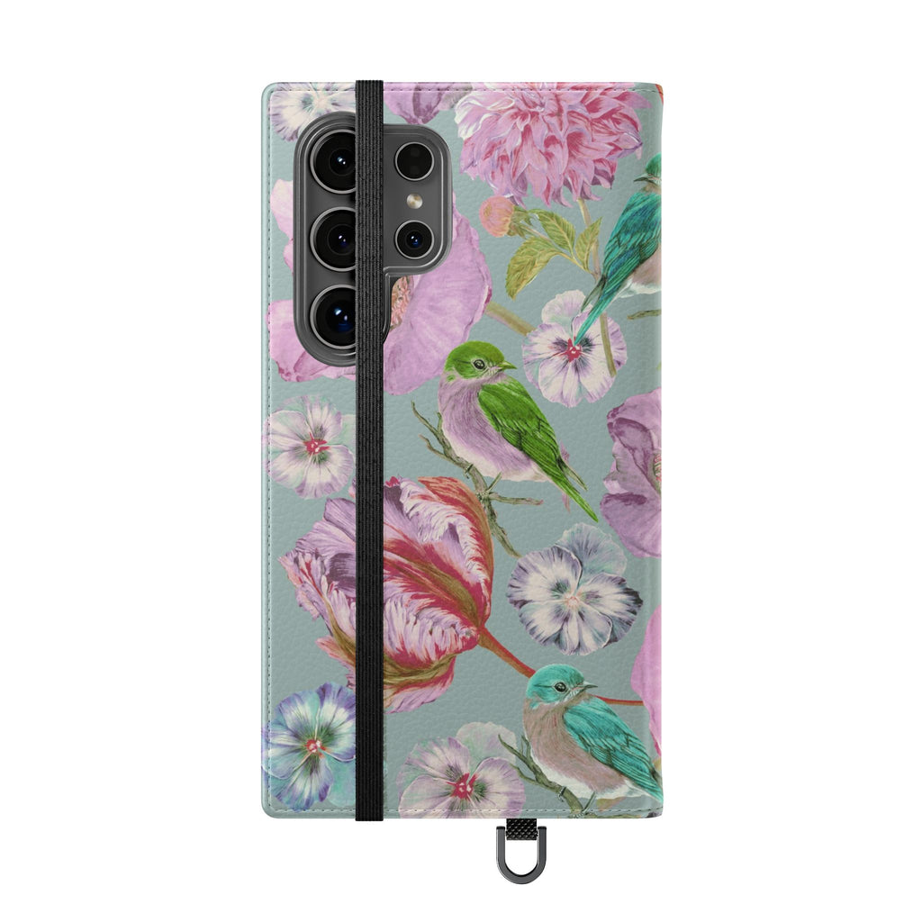 Floral Bird Flip Phone Case — Pastel Garden Wallet Cover with Card Slots