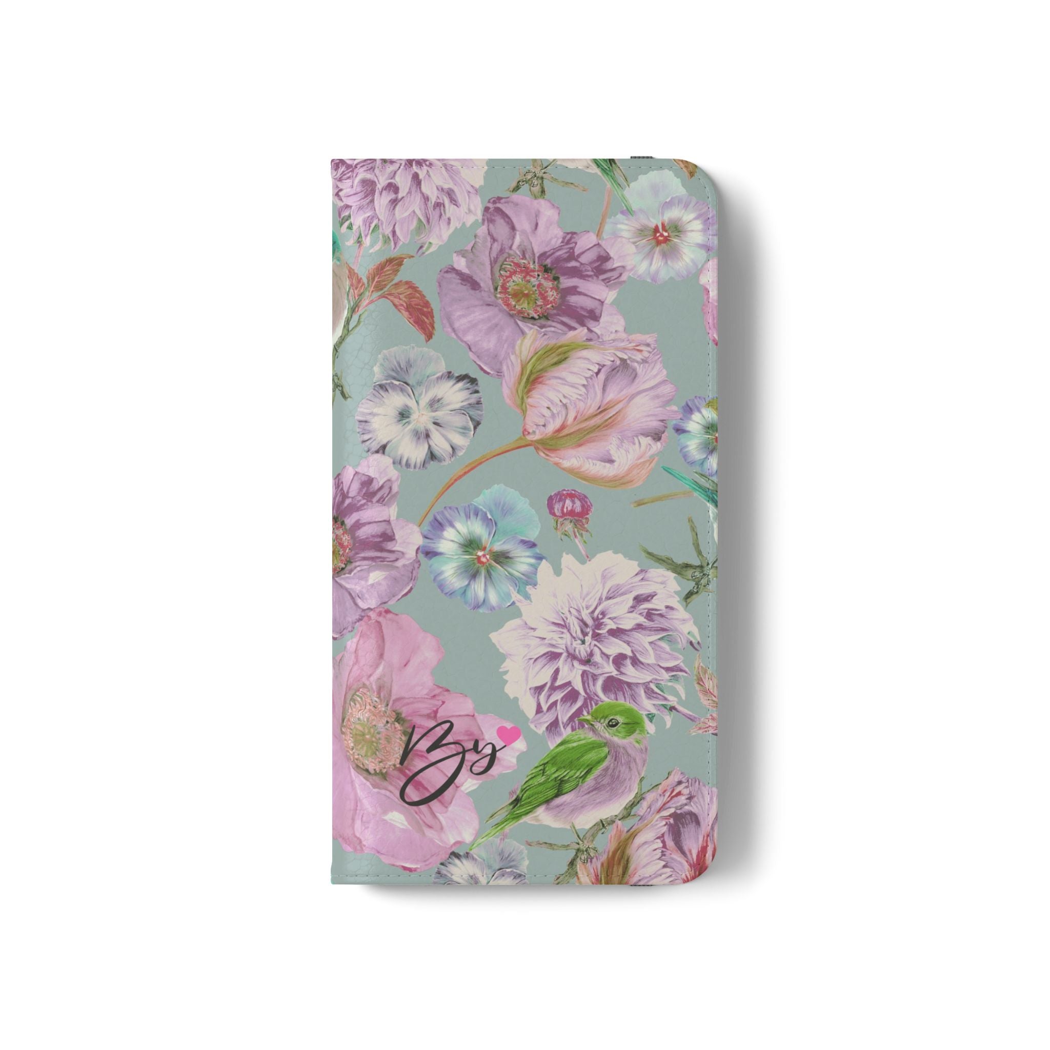 Floral Bird Flip Phone Case — Pastel Garden Wallet Cover with Card Slots