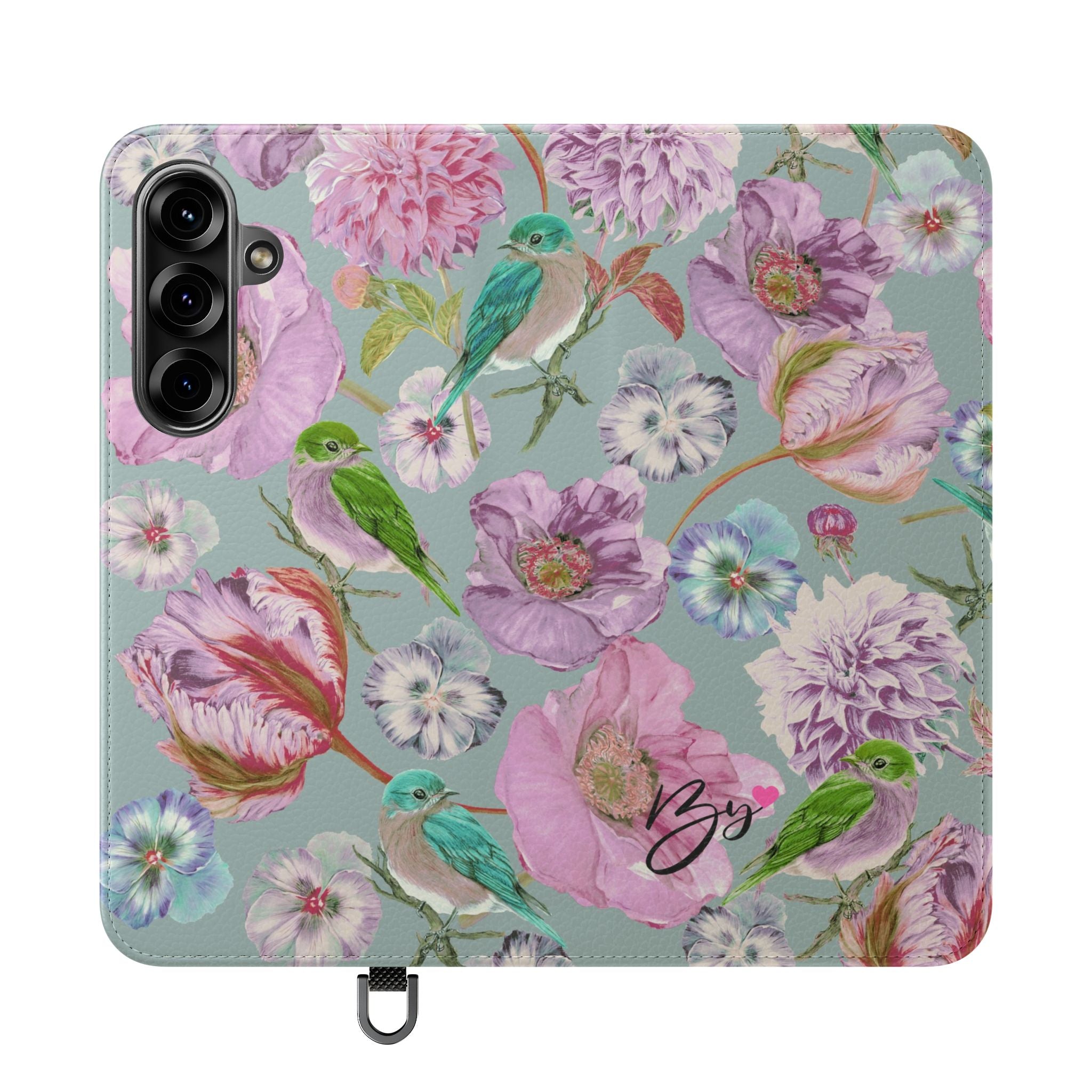 Floral Bird Flip Phone Case — Pastel Garden Wallet Cover with Card Slots