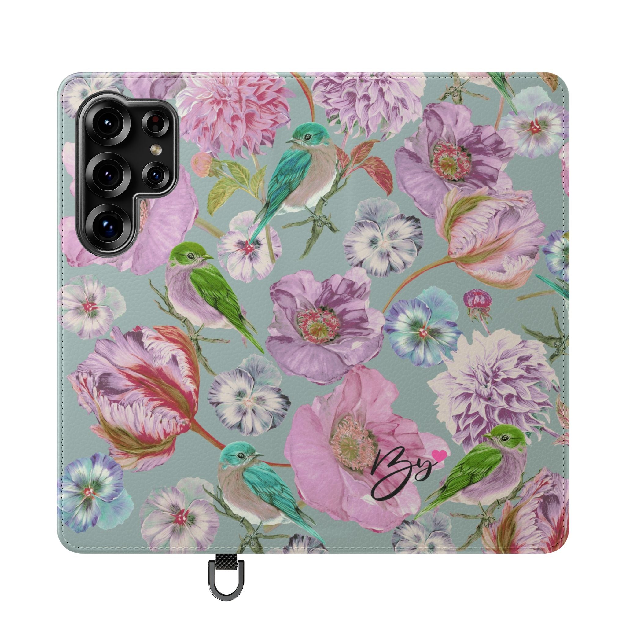 Floral Bird Flip Phone Case — Pastel Garden Wallet Cover with Card Slots
