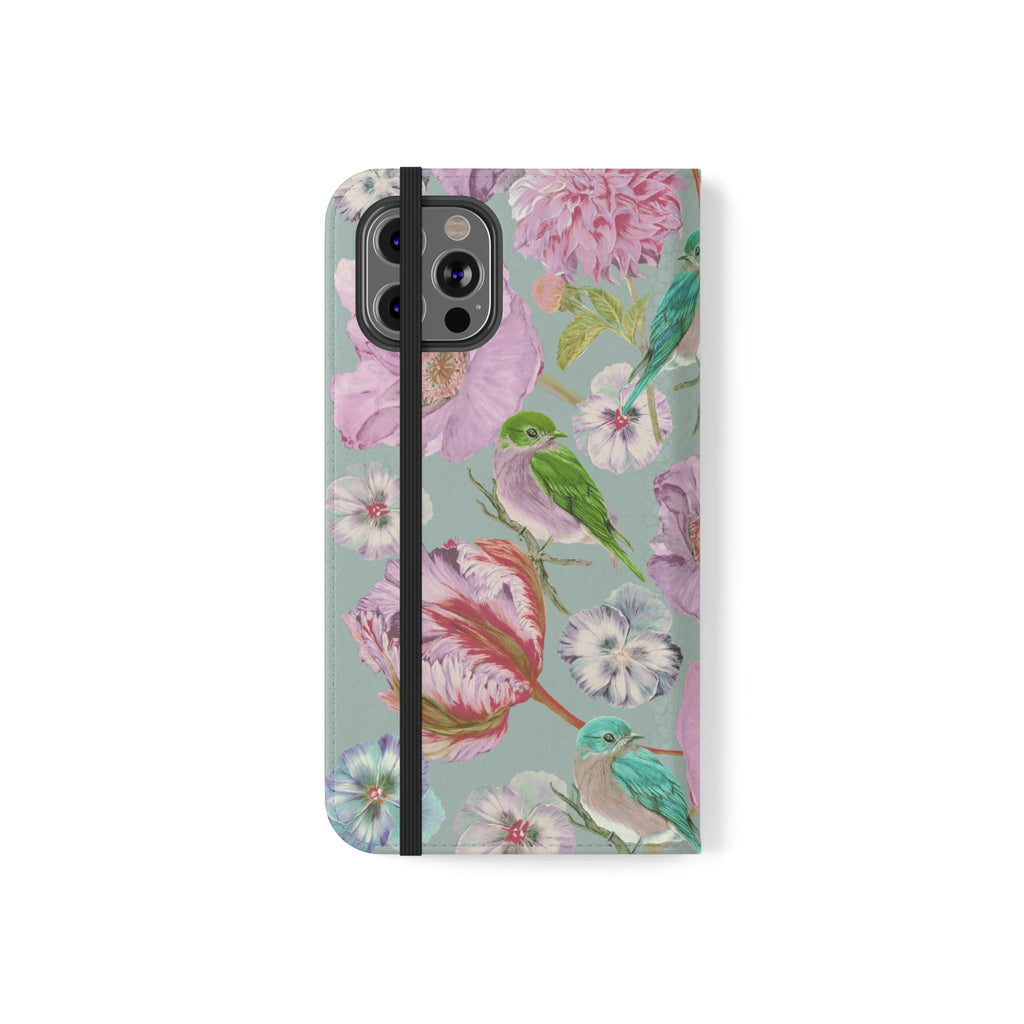 Floral Bird Flip Phone Case — Pastel Garden Wallet Cover with Card Slots
