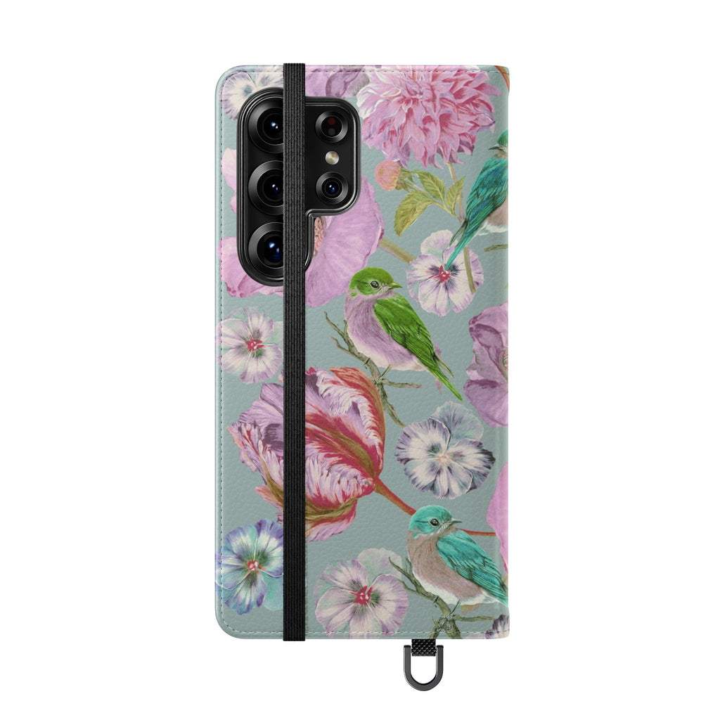 Floral Bird Flip Phone Case — Pastel Garden Wallet Cover with Card Slots