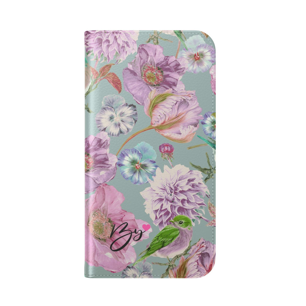Floral Bird Flip Phone Case — Pastel Garden Wallet Cover with Card Slots