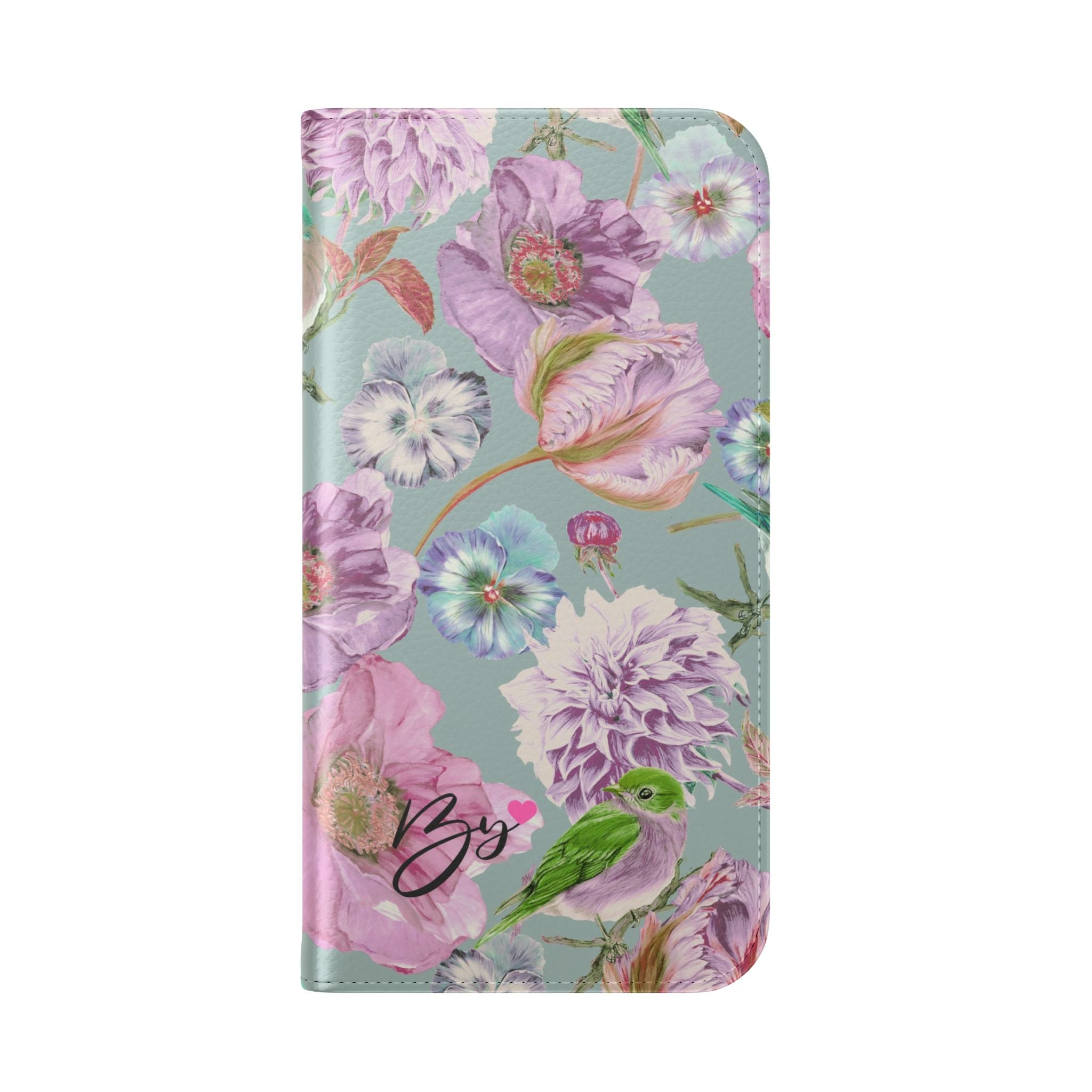 Floral Bird Flip Phone Case — Pastel Garden Wallet Cover with Card Slots