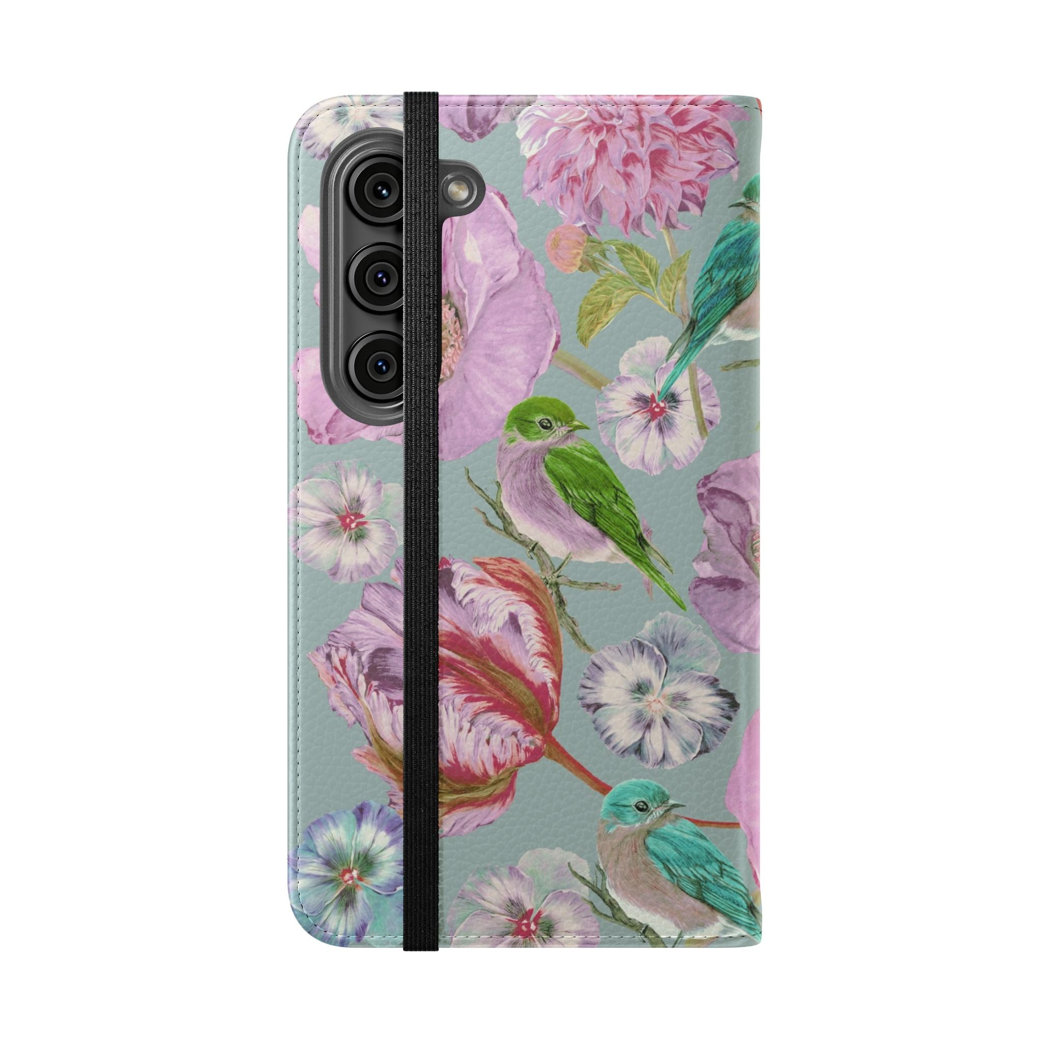 Floral Bird Flip Phone Case — Pastel Garden Wallet Cover with Card Slots