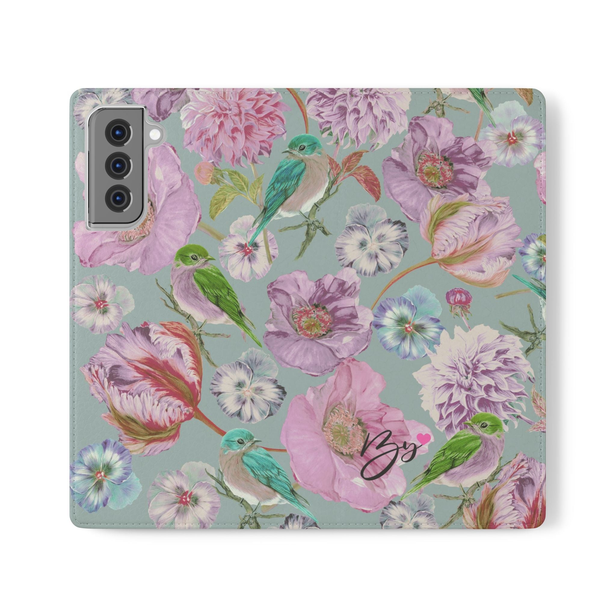 Floral Bird Flip Phone Case — Pastel Garden Wallet Cover with Card Slots