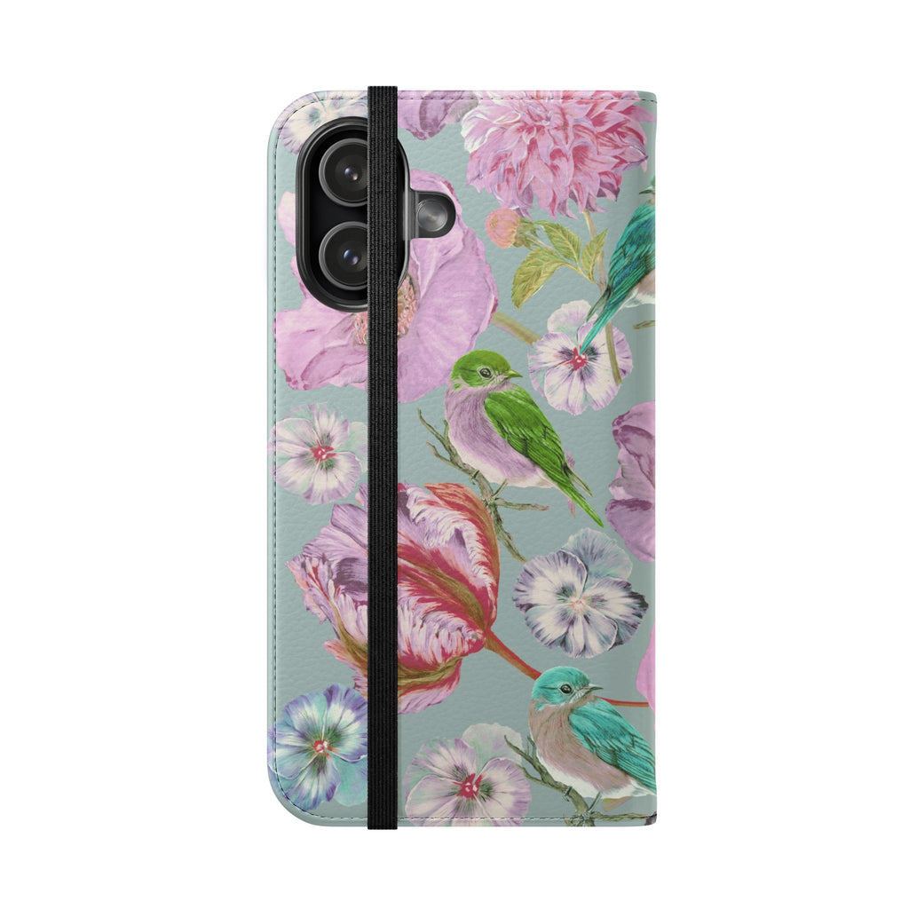 Floral Bird Flip Phone Case — Pastel Garden Wallet Cover with Card Slots