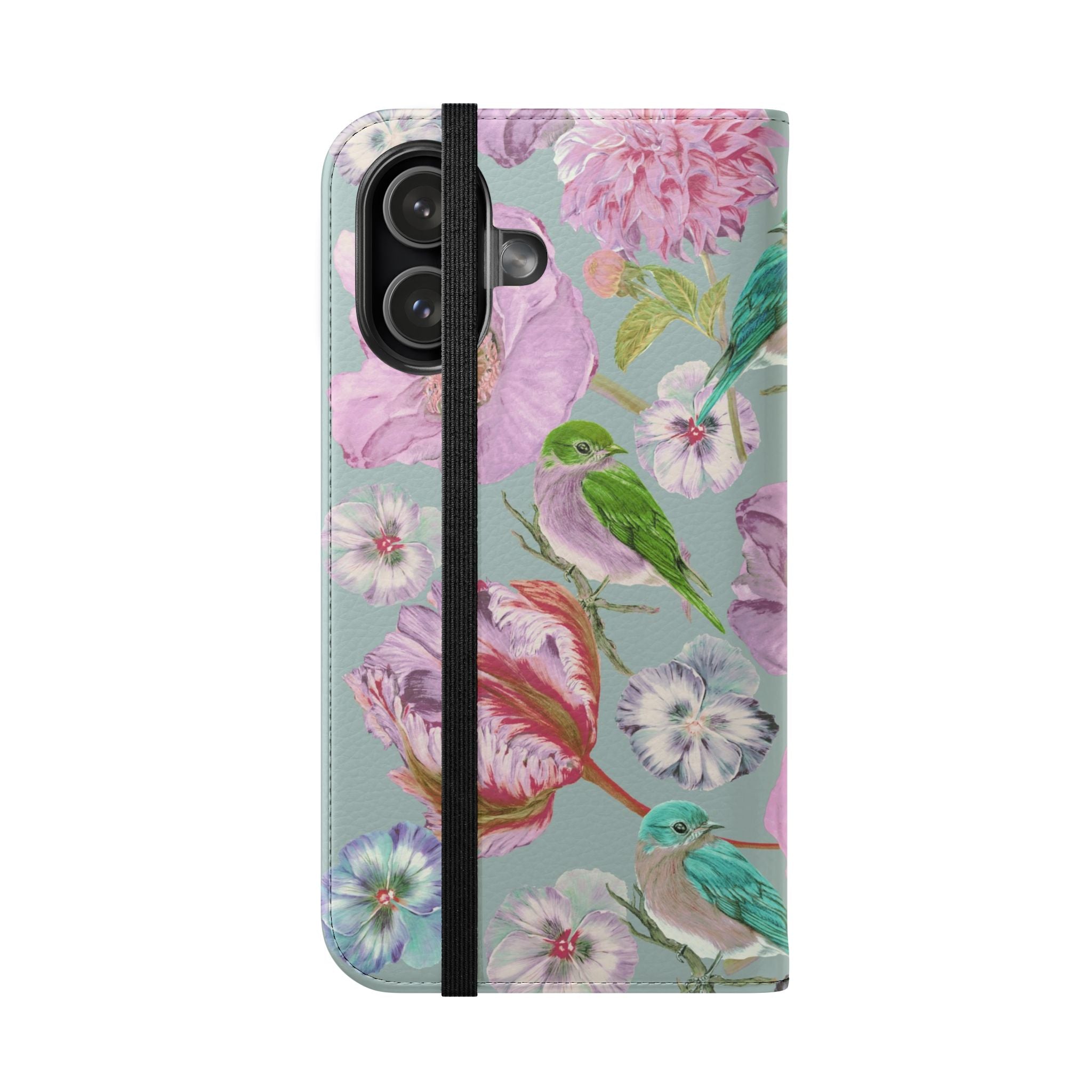 Floral Bird Flip Phone Case — Pastel Garden Wallet Cover with Card Slots
