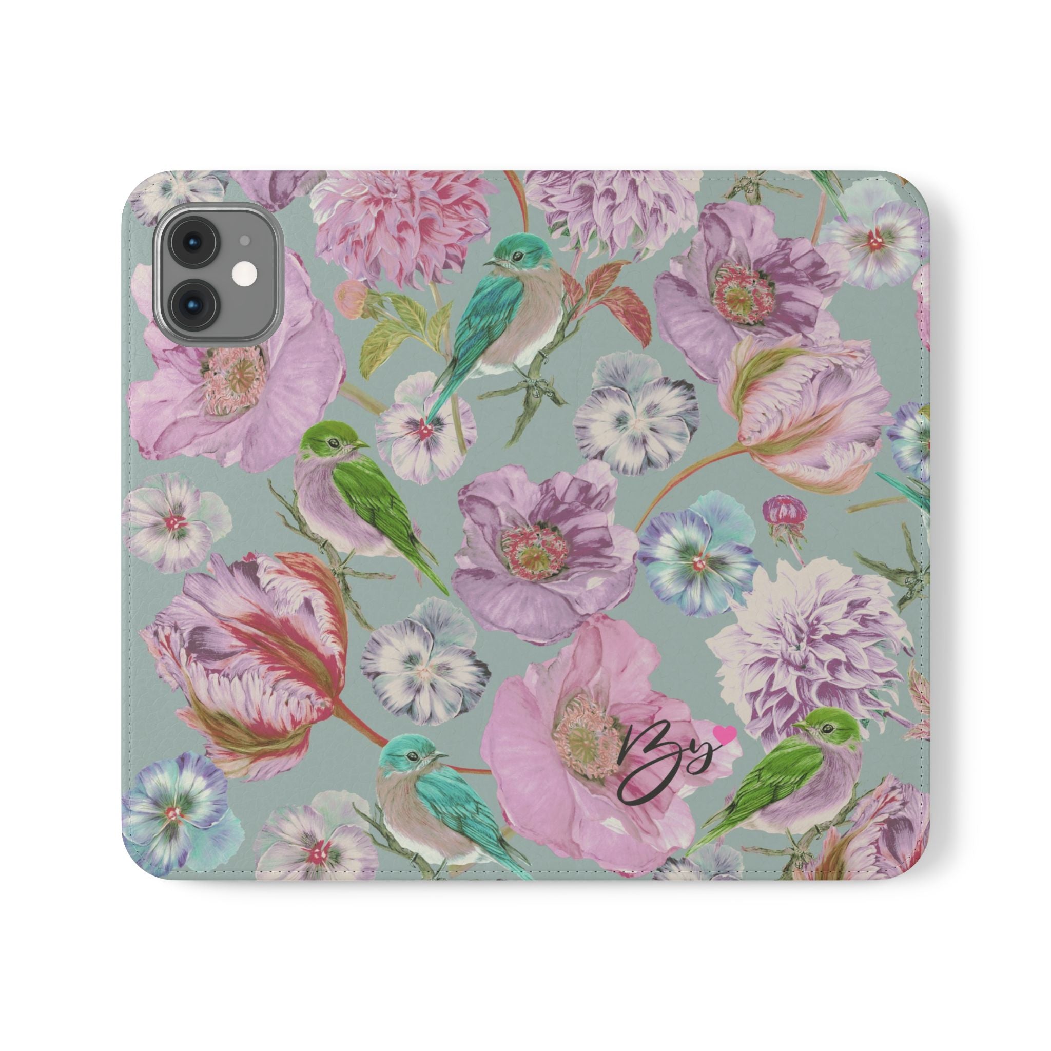 Floral Bird Flip Phone Case — Pastel Garden Wallet Cover with Card Slots