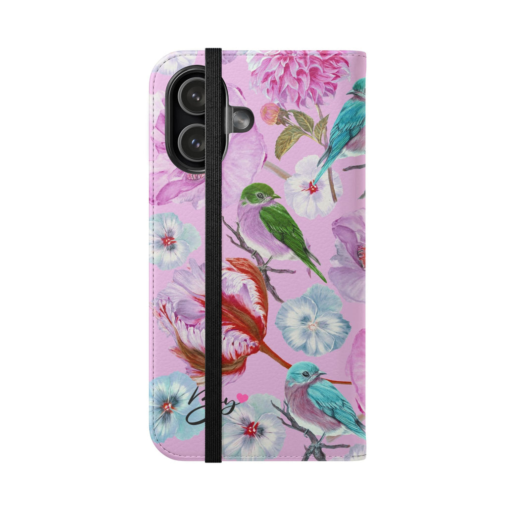 Floral Birds Flip Case — Pink Watercolor Phone Wallet