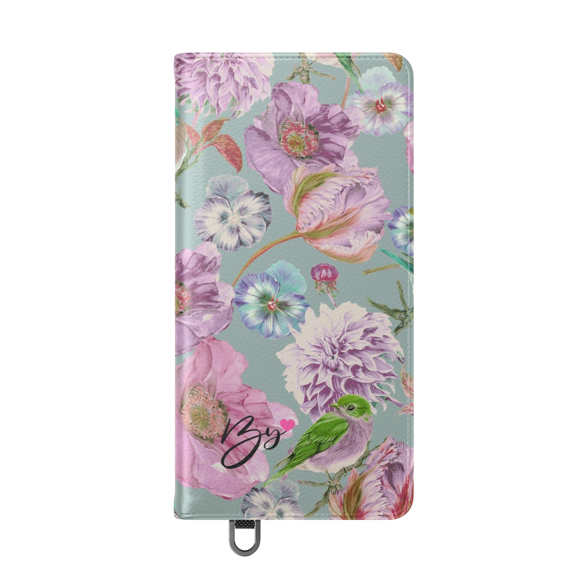 Floral Bird Flip Phone Case — Pastel Garden Wallet Cover with Card Slots