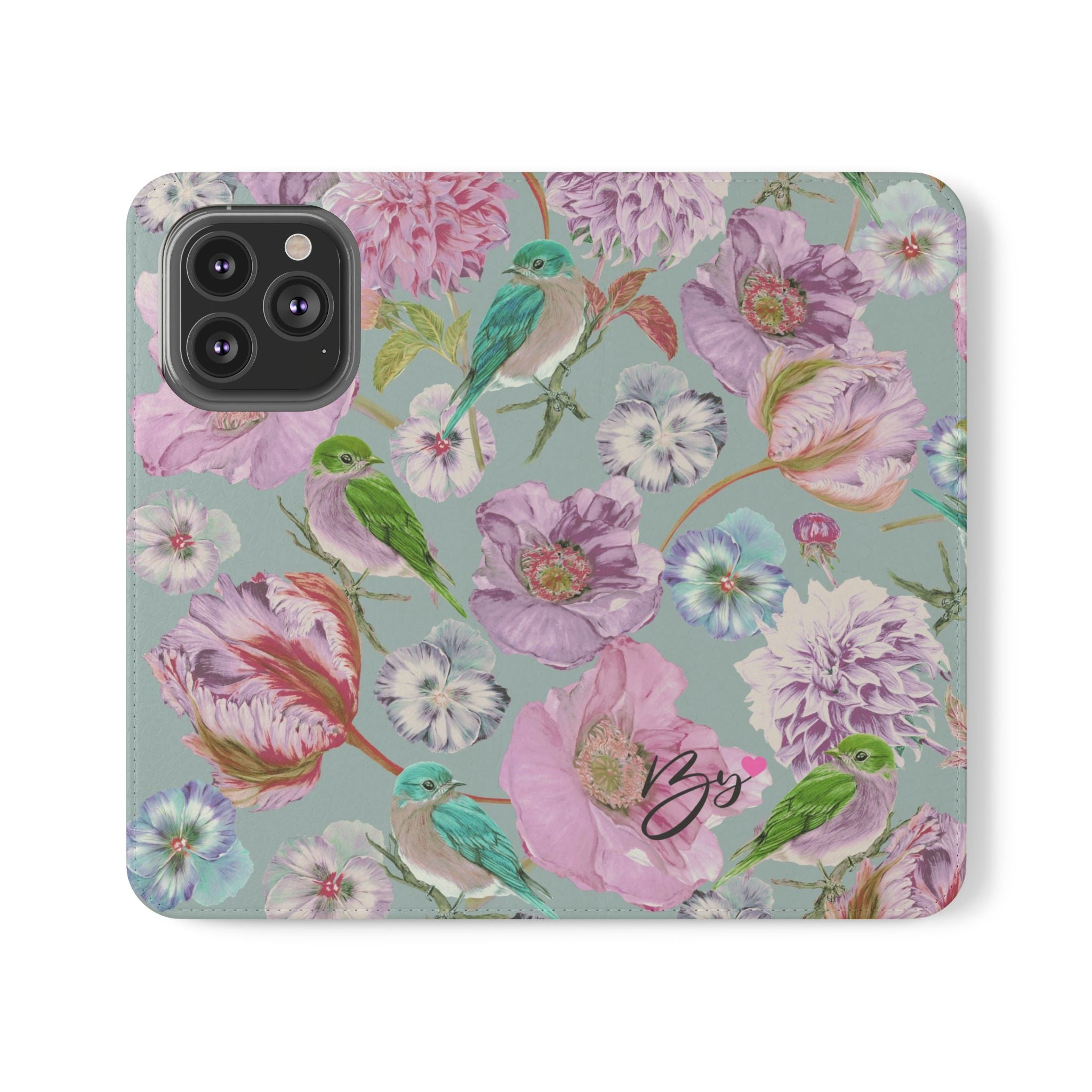 Floral Bird Flip Phone Case — Pastel Garden Wallet Cover with Card Slots