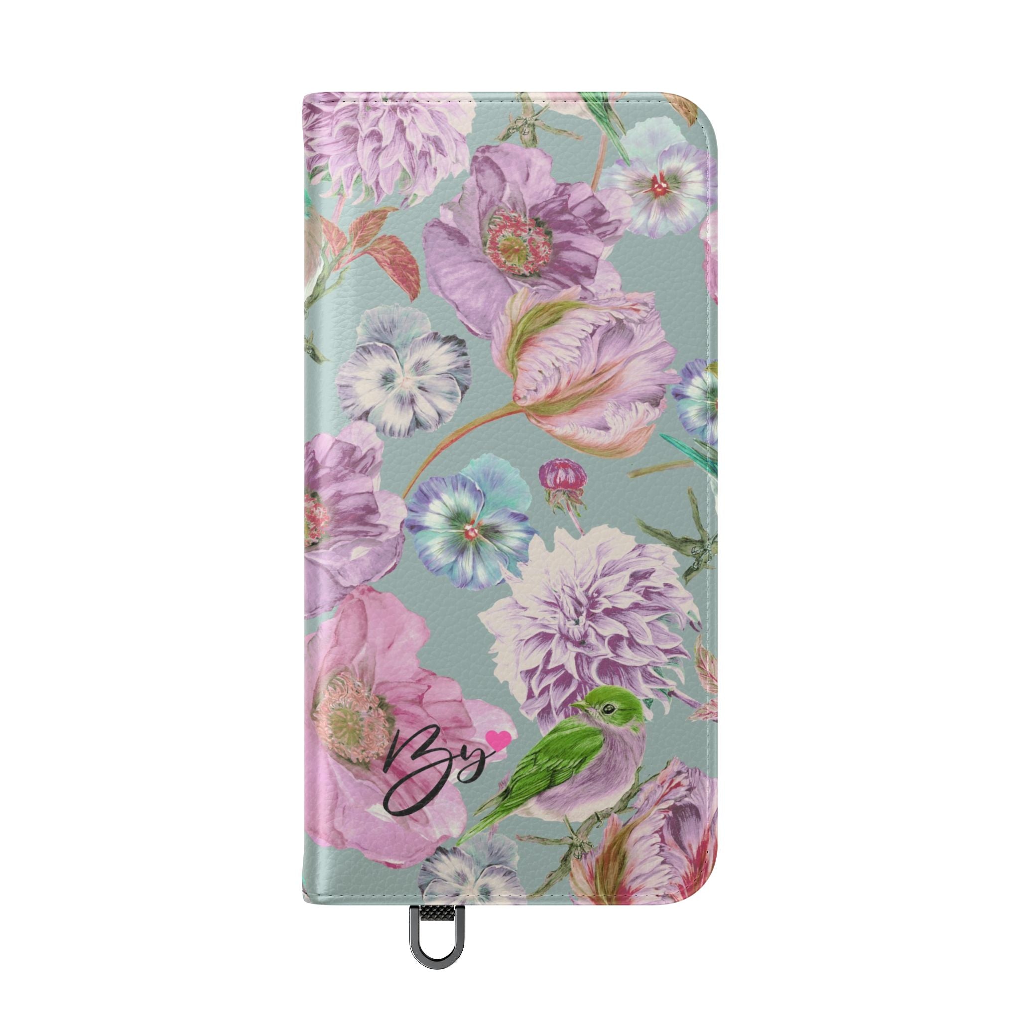 Floral Bird Flip Phone Case — Pastel Garden Wallet Cover with Card Slots