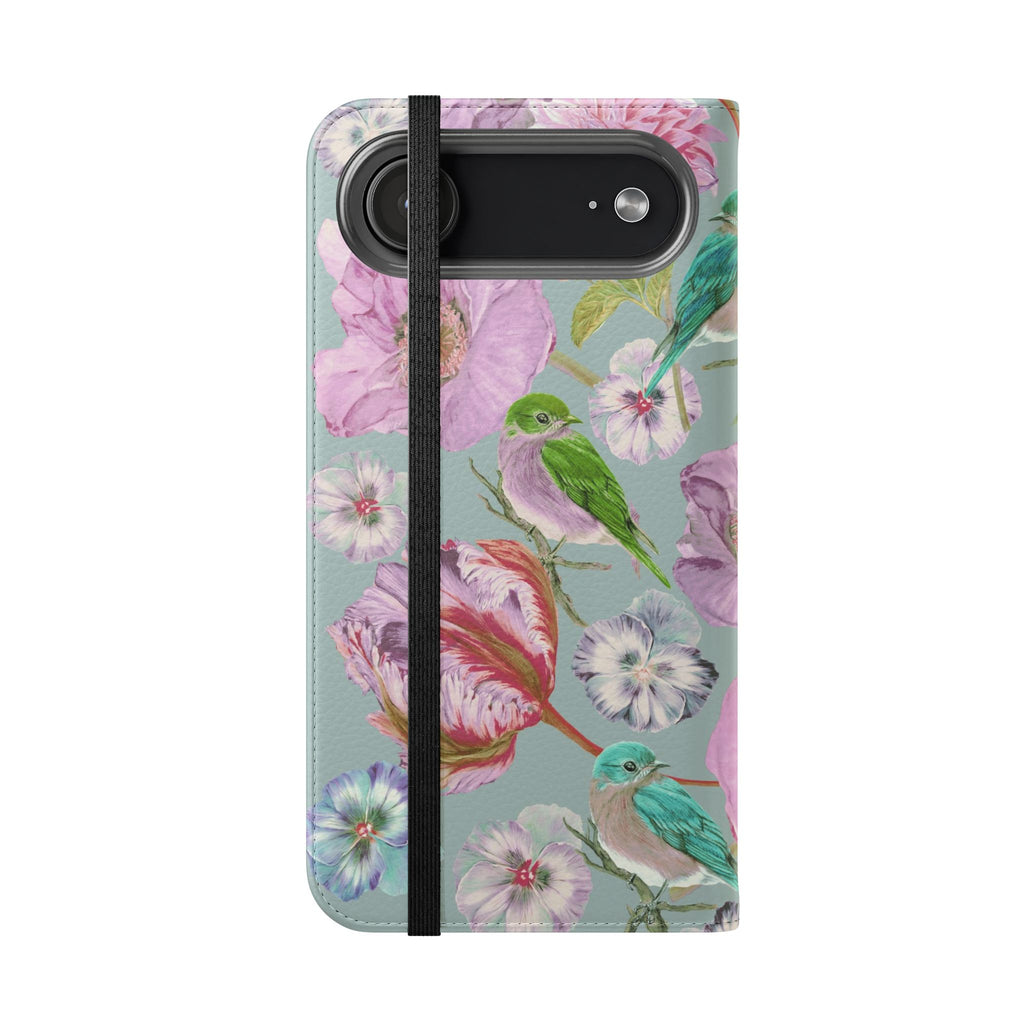 Floral Bird Flip Phone Case — Pastel Garden Wallet Cover with Card Slots