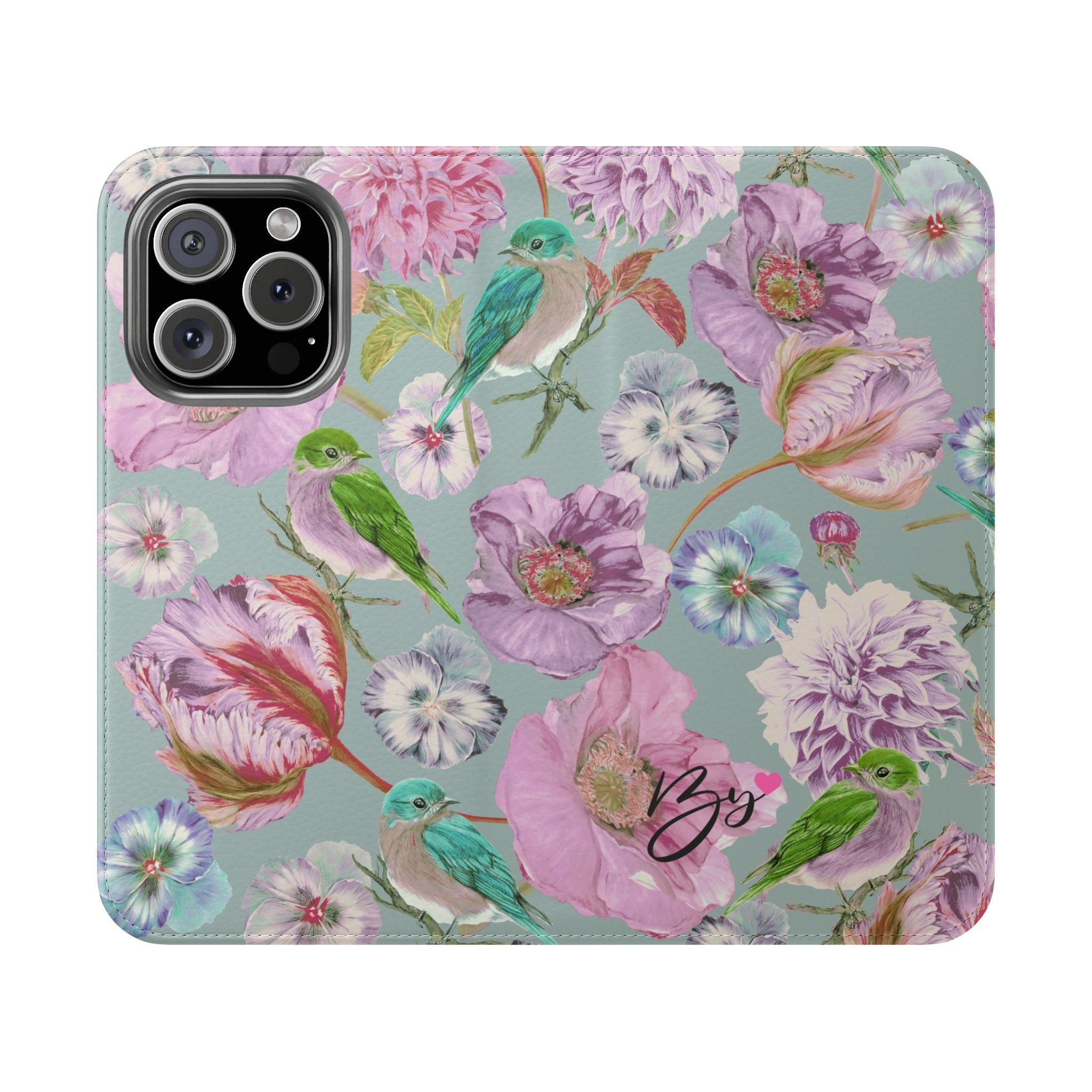 Floral Bird Flip Phone Case — Pastel Garden Wallet Cover with Card Slots