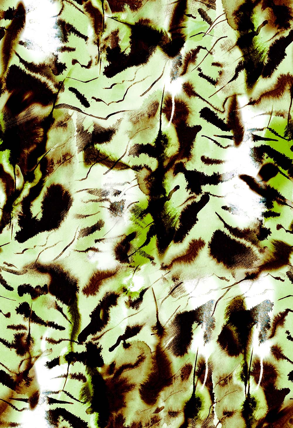 CW00, Olive-green: ©Byheart Design Sweden AN0001-CW00 — Tiger Nightwalker abstract animal-inspired pattern with dark brown and black markings on an olive and pale green background.