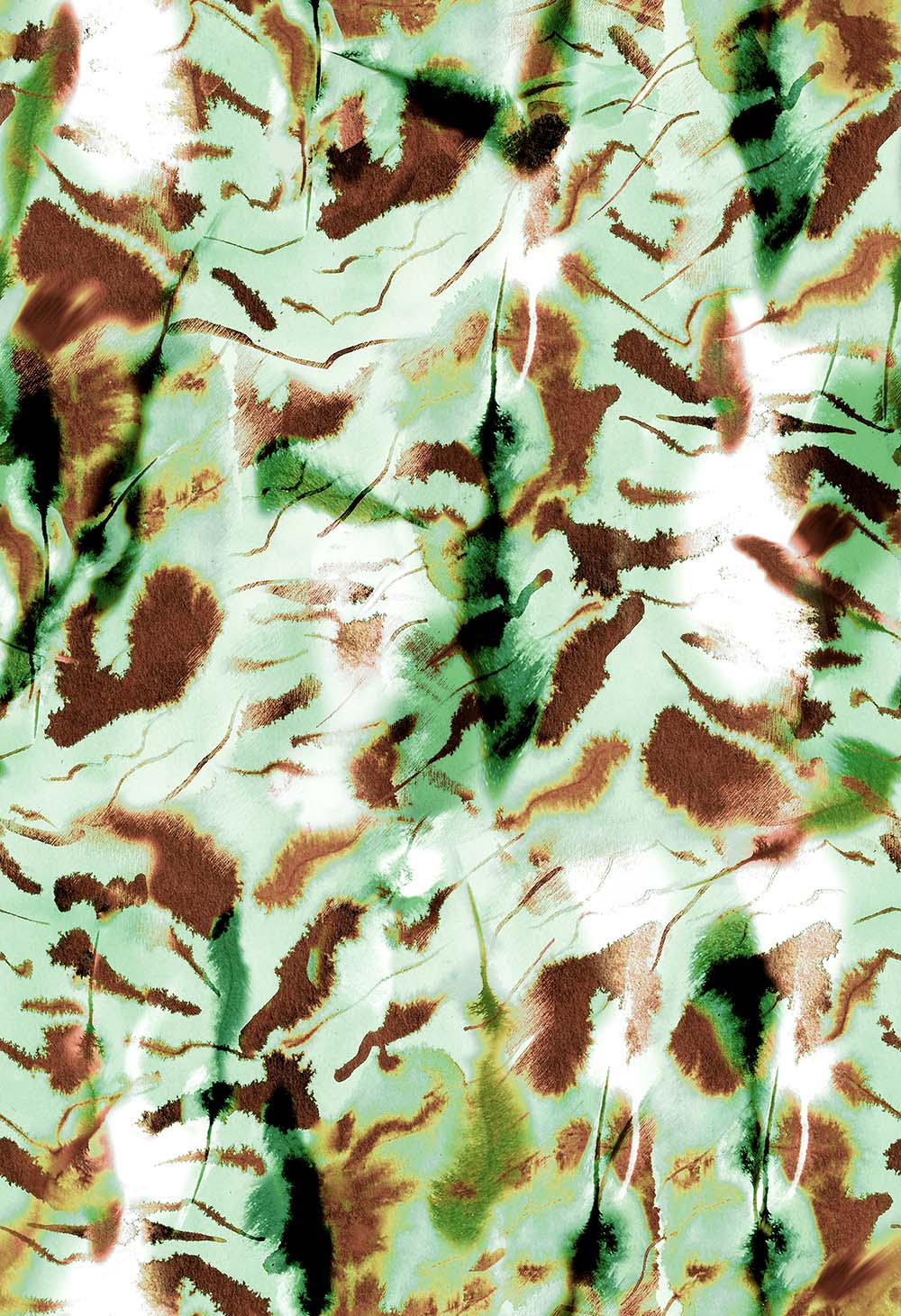 CW02, Brown-green: ©Byheart Design Sweden AN0001-CW02 — Tiger Nightwalker abstract animal-inspired pattern with brown and light green markings on a pale mint background.