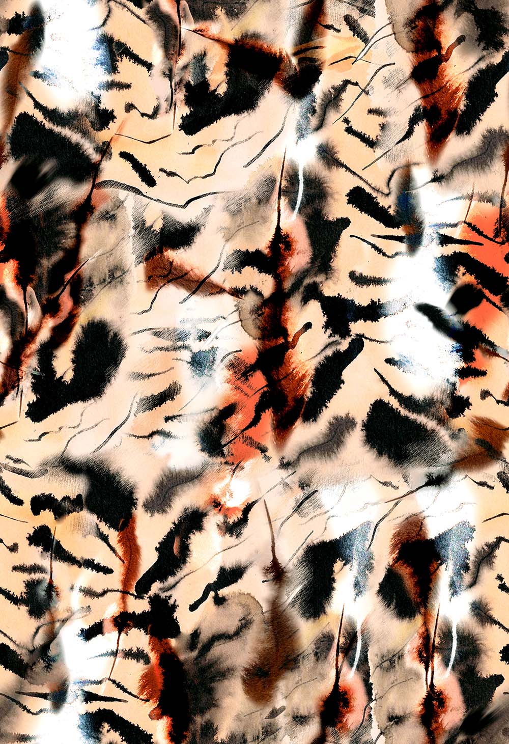 CW04, Apricot Forest: ©Byheart Design Sweden AN0001-CW04 — Tiger Nightwalker abstract animal-inspired pattern with black, grey and rust markings on an apricot and cream background.