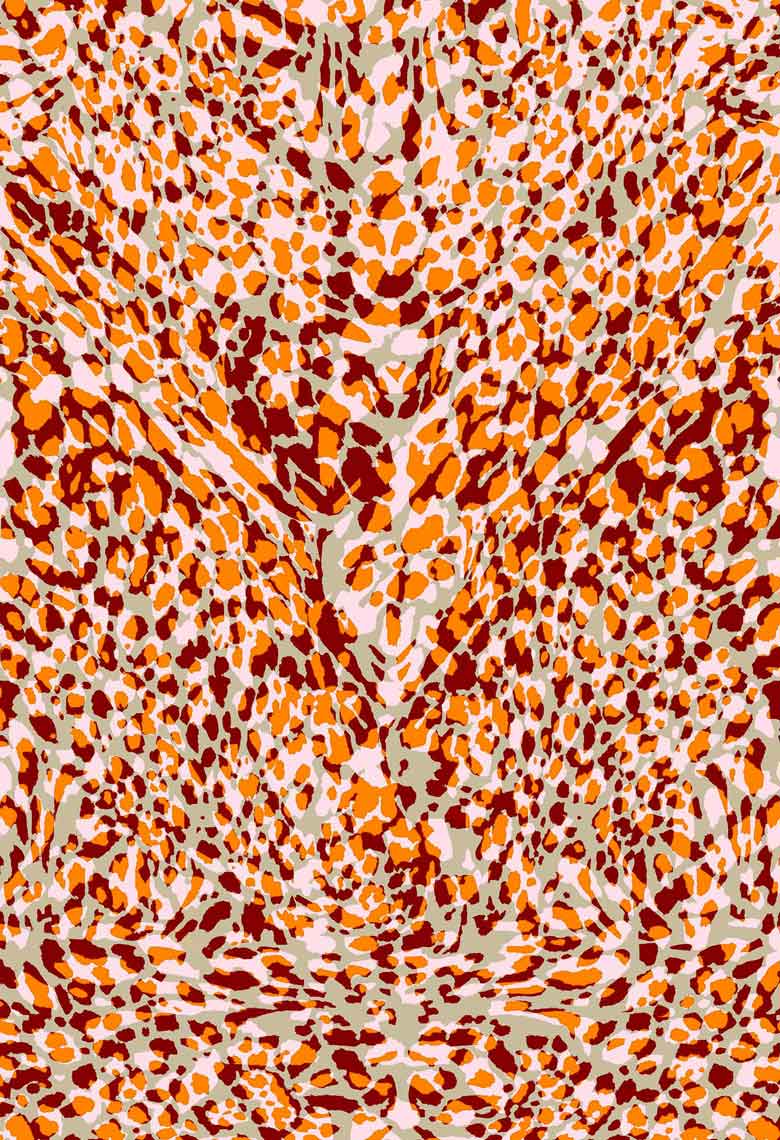 ©Byheart Design Sweden AN0001 — Leopards Jungle, expressive leopard-inspired markings in orange, burgundy, pale pink and sage green