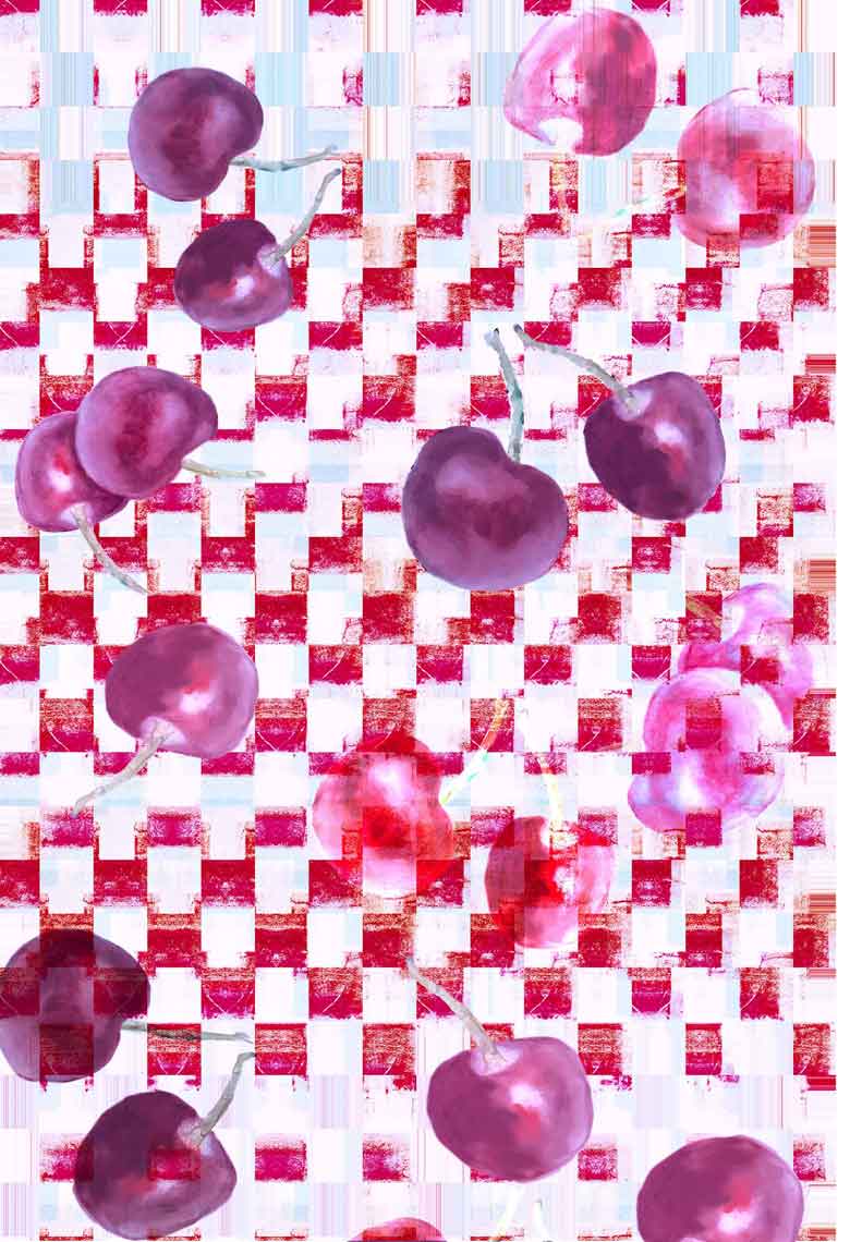 ©Byheart Design Sweden DEC0001 — Cherry in Plaid, pink and purple cherries over a red, white and pale blue checked background.