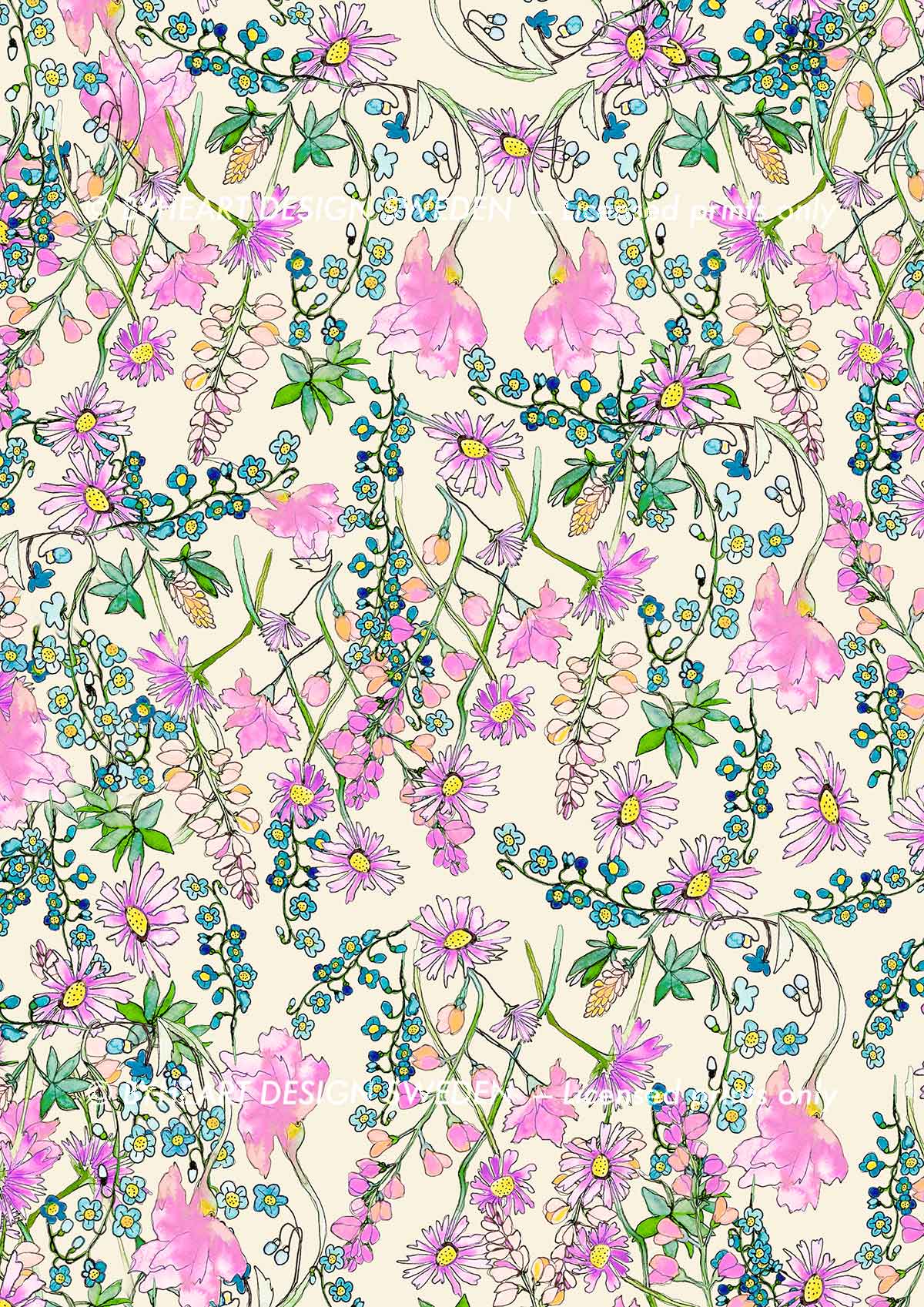 ©Byheart Design Sweden FL001 — Paradise Ditsy Floral print - watercolor floral print in  Pink-Light Yellow colorway - 300 DPI. Available for B2B licensing.