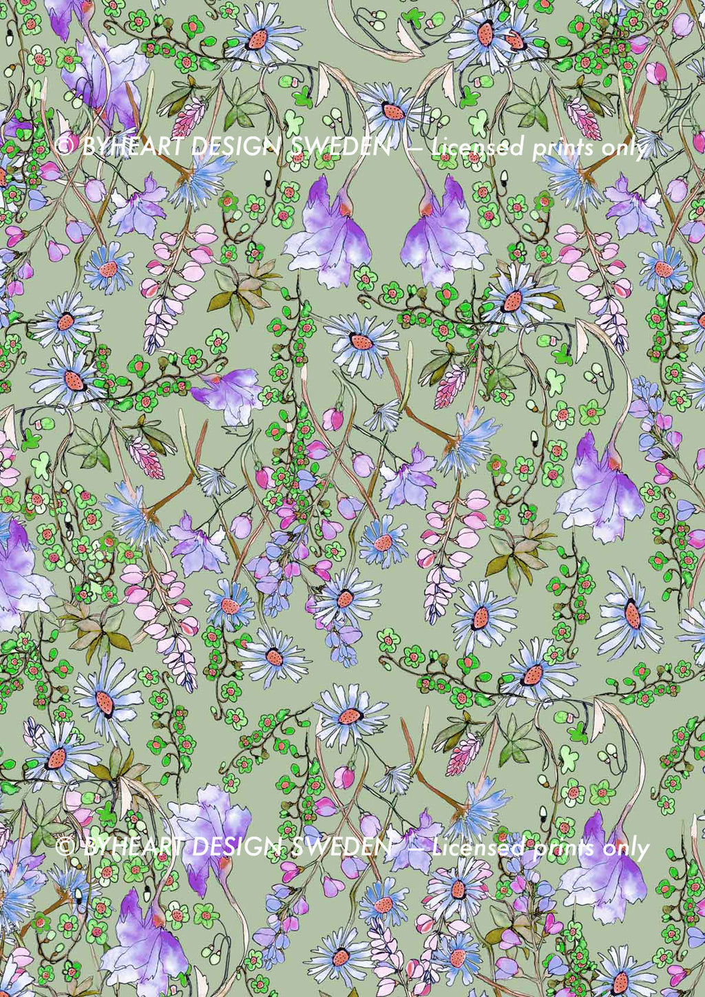 ©Byheart Design Sweden FL001 — Paradise Ditsy Floral print - watercolor floral print in  Lavendel- green colorway - 300 DPI. Available for B2B licensing.