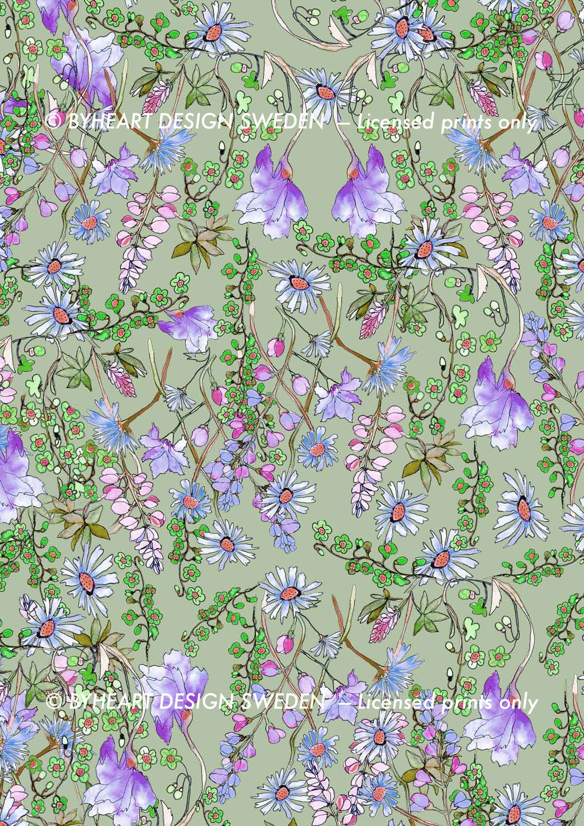 ©Byheart Design Sweden FL001 — Paradise Ditsy Floral print - watercolor floral print in  Lavendel- green colorway - 300 DPI. Available for B2B licensing.