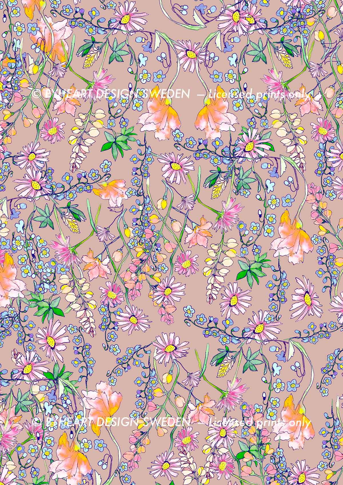 ©Byheart Design Sweden FL001 — Paradise Ditsy Floral print - watercolor floral print in  Coral-Pink colorway - 300 DPI. Available for B2B licensing.