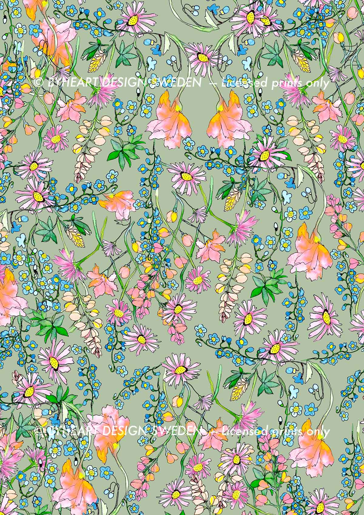©Byheart Design Sweden FL001 — Paradise Ditsy Floral print - watercolor floral print in Green Sage colorway - 300 DPI. Available for B2B licensing.