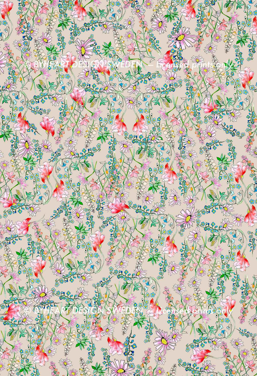 ©Byheart Design Sweden FL001 — Paradise Ditsy Floral print - watercolor floral print in  Vanila colorway - 300 DPI. Available for B2B licensing.