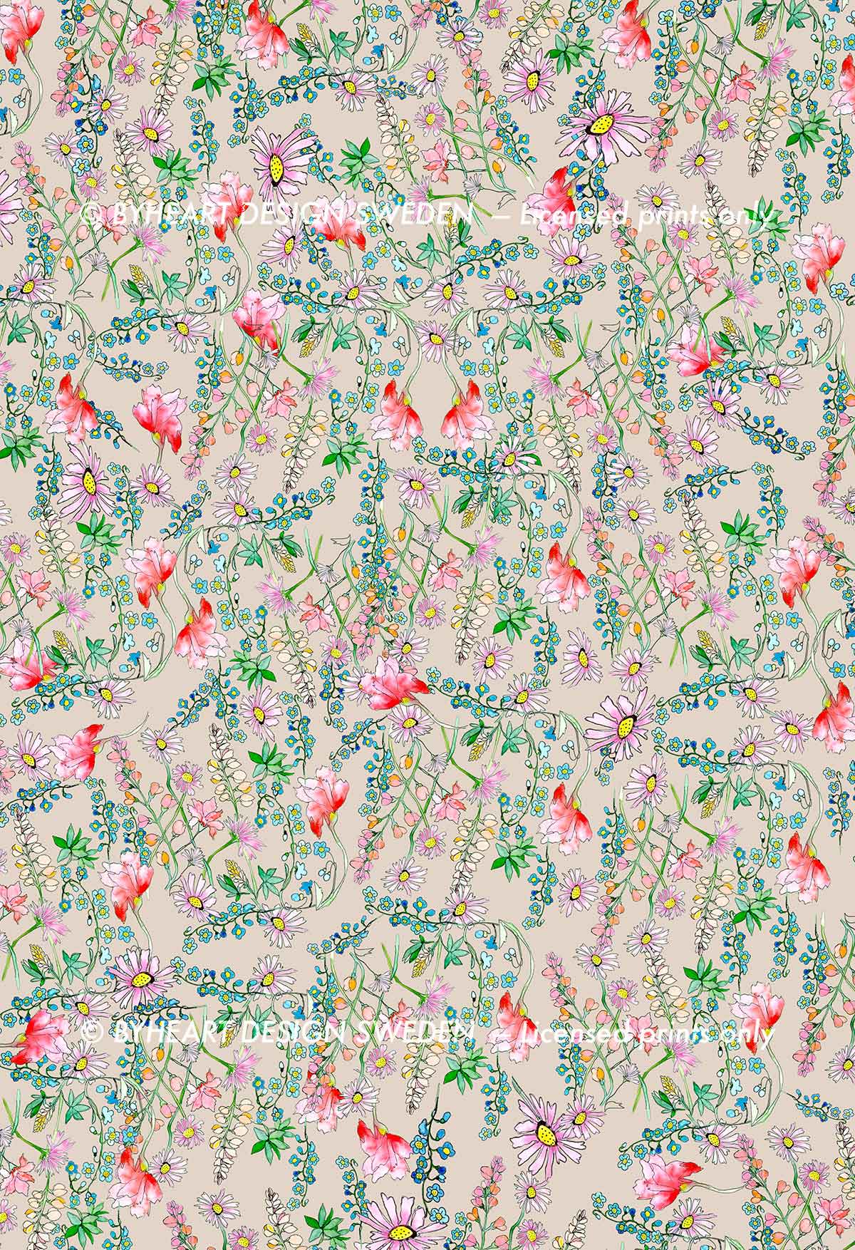 ©Byheart Design Sweden FL001 — Paradise Ditsy Floral print - watercolor floral print in  Vanila colorway - 300 DPI. Available for B2B licensing.