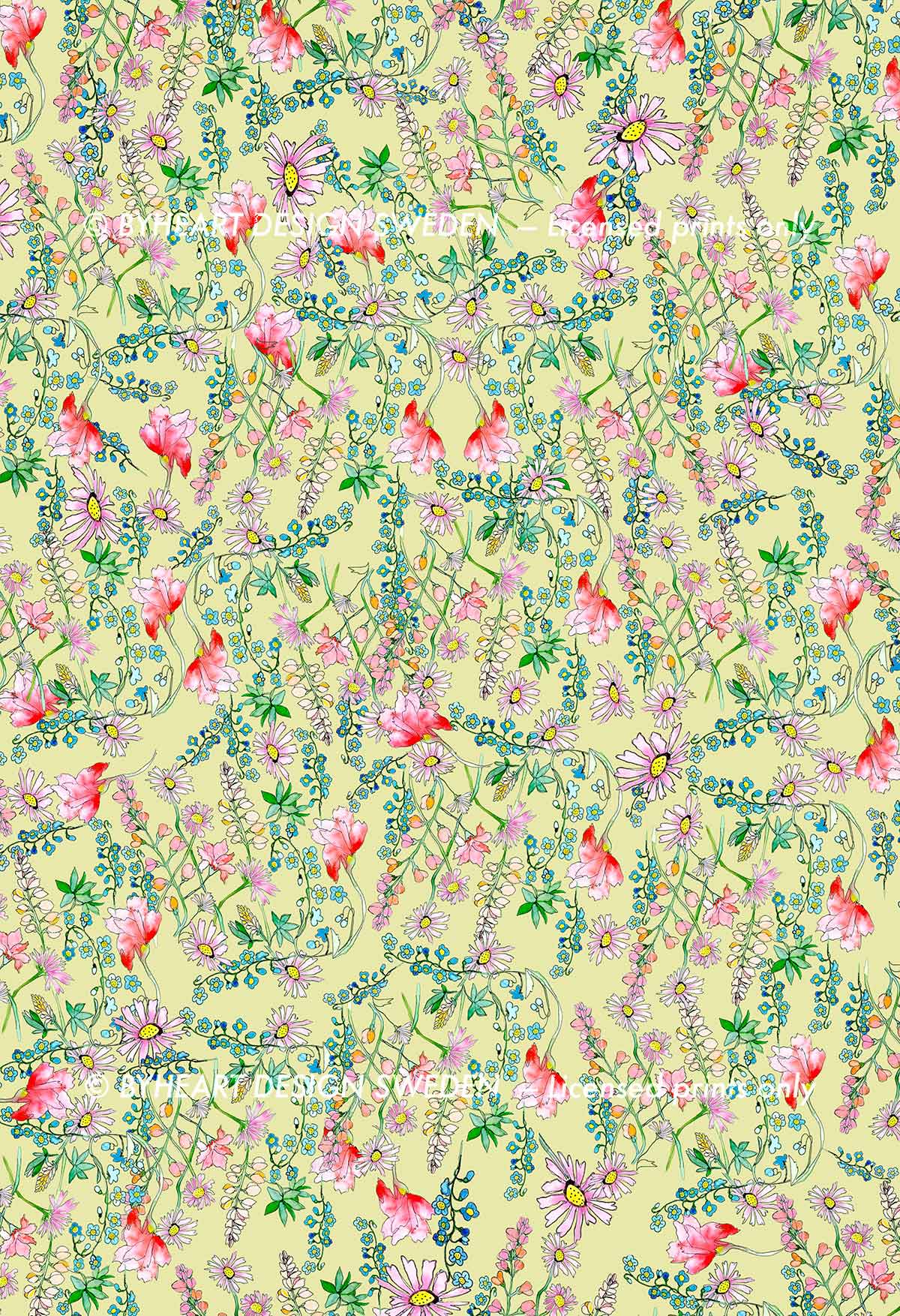 ©Byheart Design Sweden FL001 — Paradise Ditsy Floral print - watercolor floral print in  Yellow colorway - 300 DPI. Available for B2B licensing.