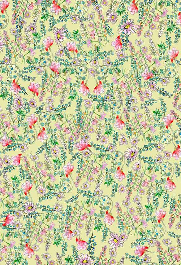 ©Byheart Design Sweden FL001 — Paradise Floral, delicate pink, lilac and blue flowers with green stems on a pale yellow background