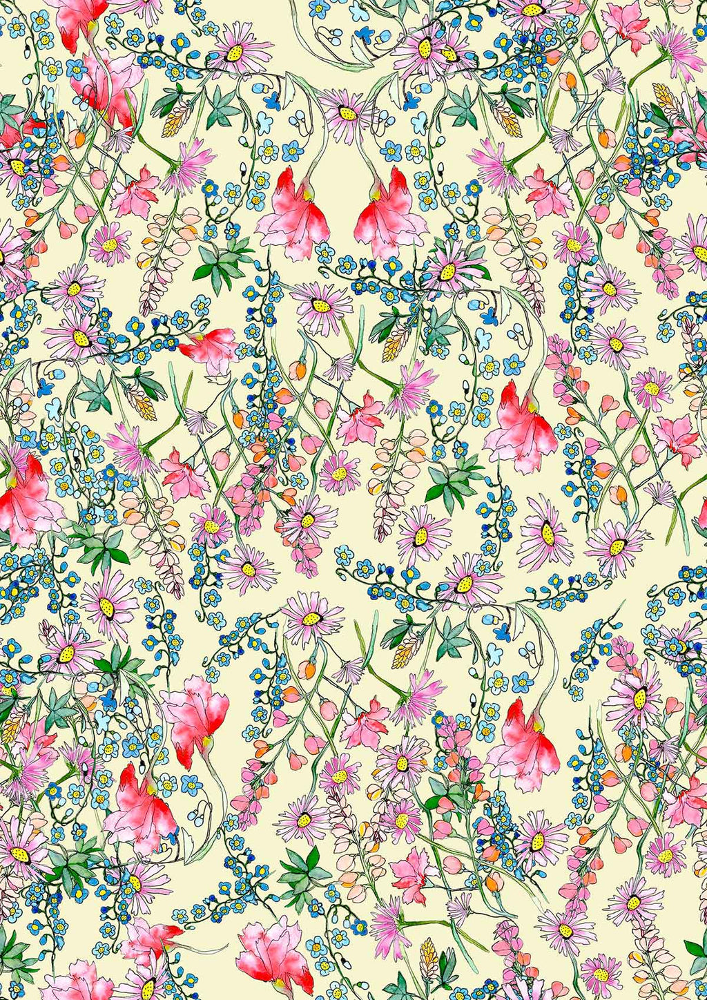 ©Byheart Design Sweden FL001 — Paradise Ditsy Floral print - watercolor floral print in  Yellow-pink  colorway - 300 DPI. Available for B2B licensing.