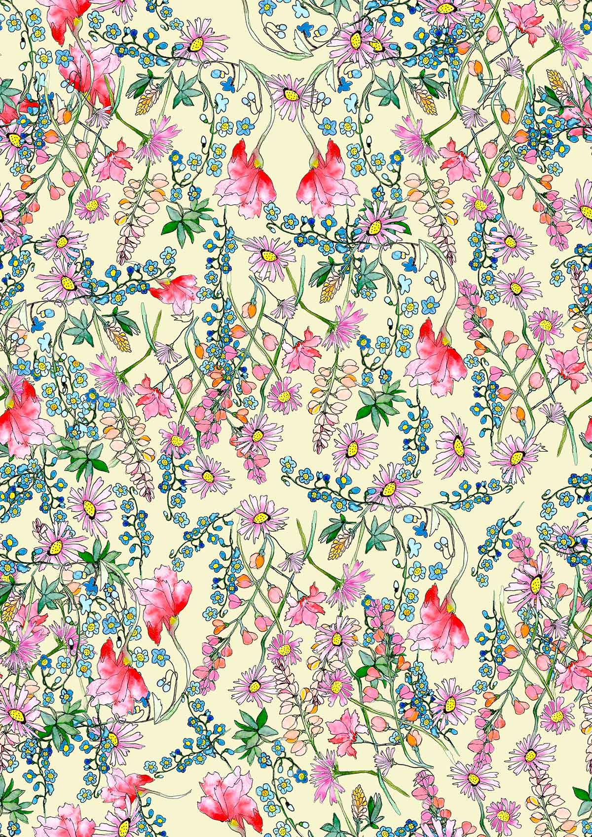 ©Byheart Design Sweden FL001 — Paradise Ditsy Floral print - watercolor floral print in  Yellow-pink  colorway - 300 DPI. Available for B2B licensing.