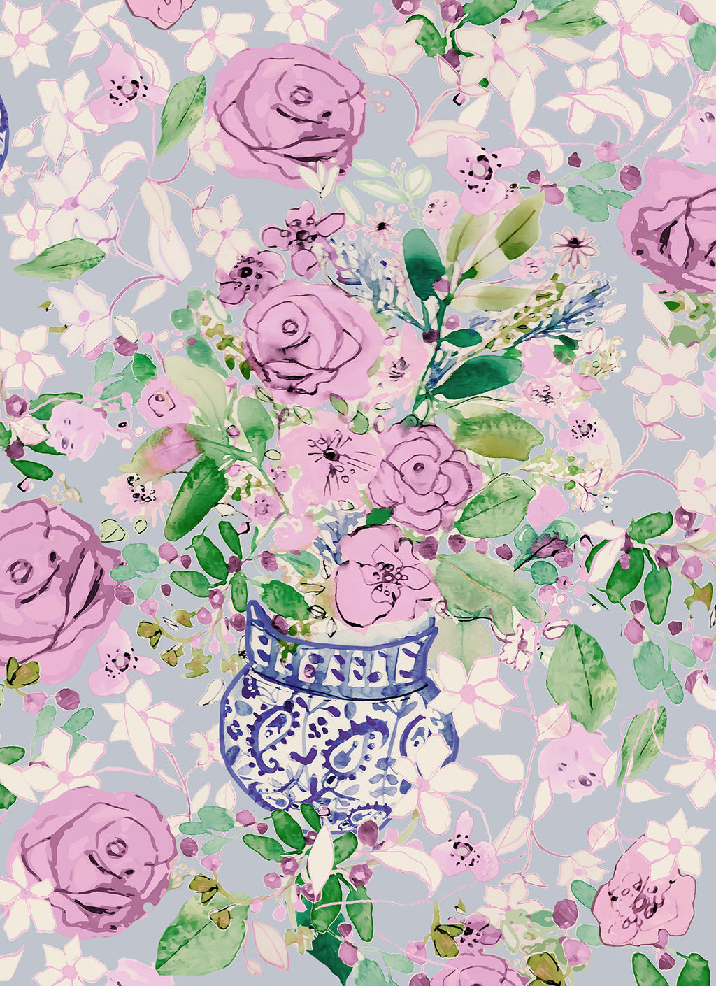 ©Byheart Design Sweden FL0010 — Spanish Flowers, watercolor floral print in sky blue  colorway. Seamless repeat, 300 DPI. Available for B2B licensing.