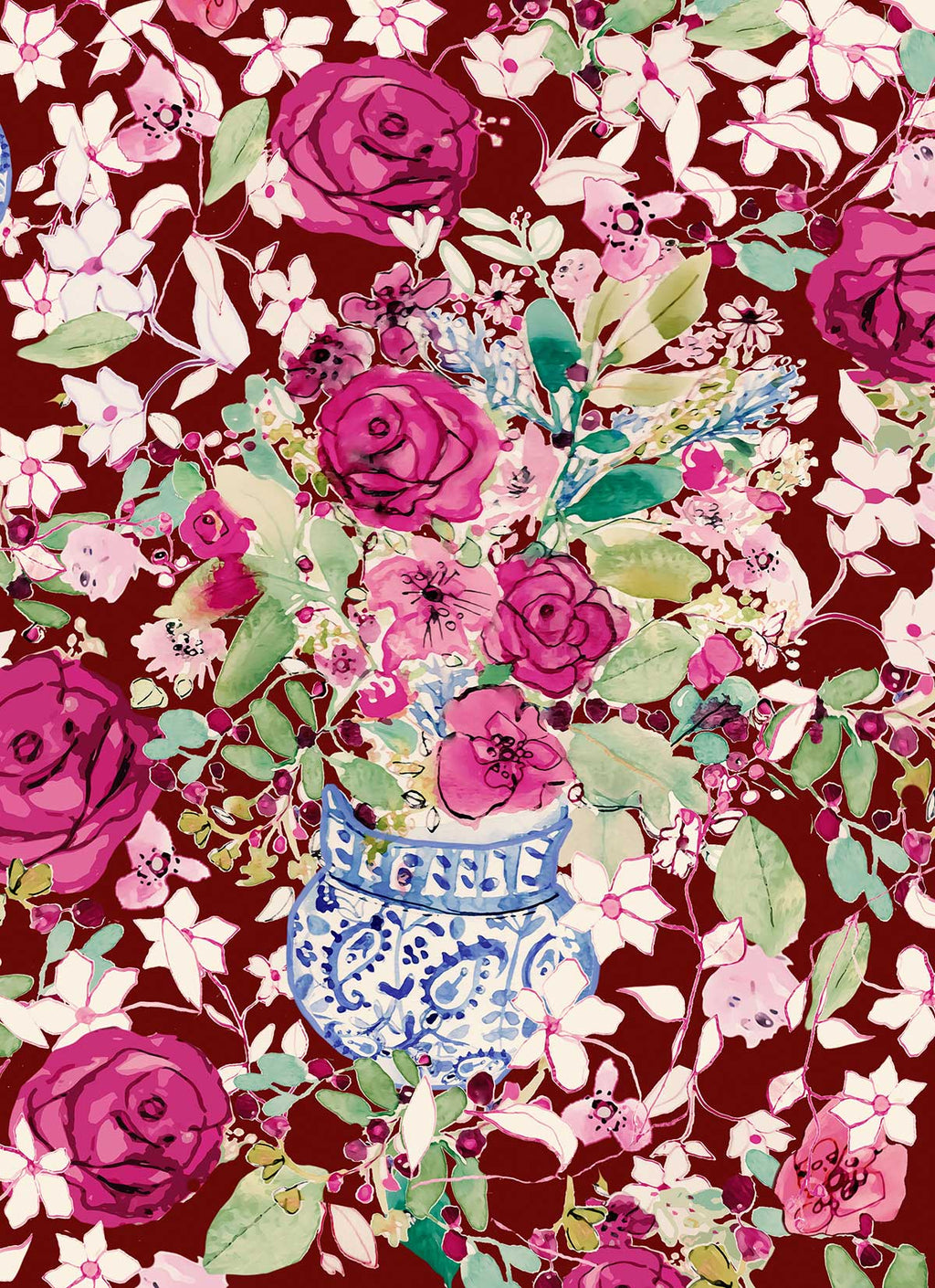 ©Byheart Design Sweden FL0010 — Spanish Flowers, watercolor floral print in red colorway. Seamless repeat, 300 DPI. Available for B2B licensing.