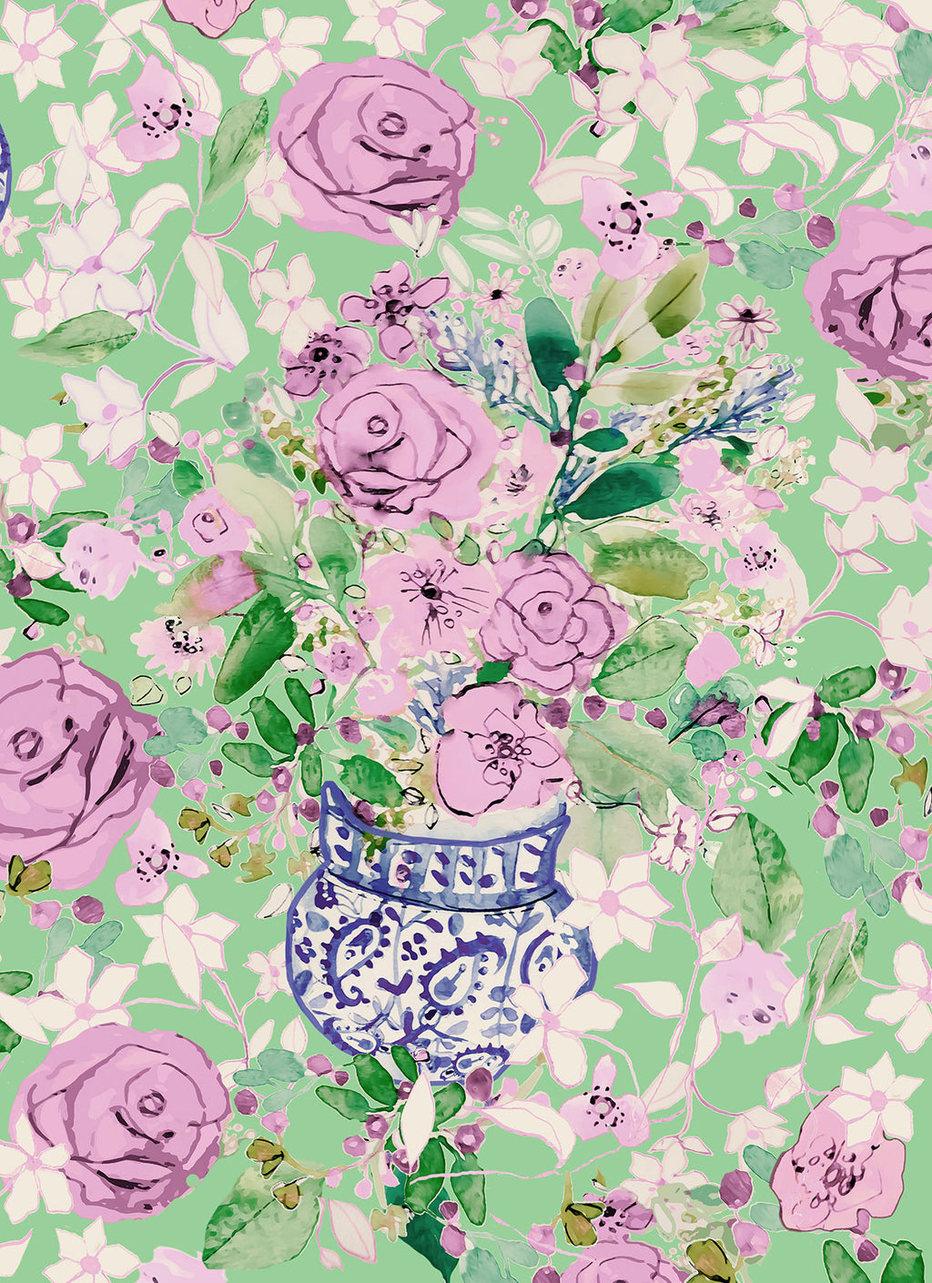 ©Byheart Design Sweden FL0010 — Spanish Flowers, watercolor floral print in mint green colorway. Seamless repeat, 300 DPI. Available for B2B licensing.