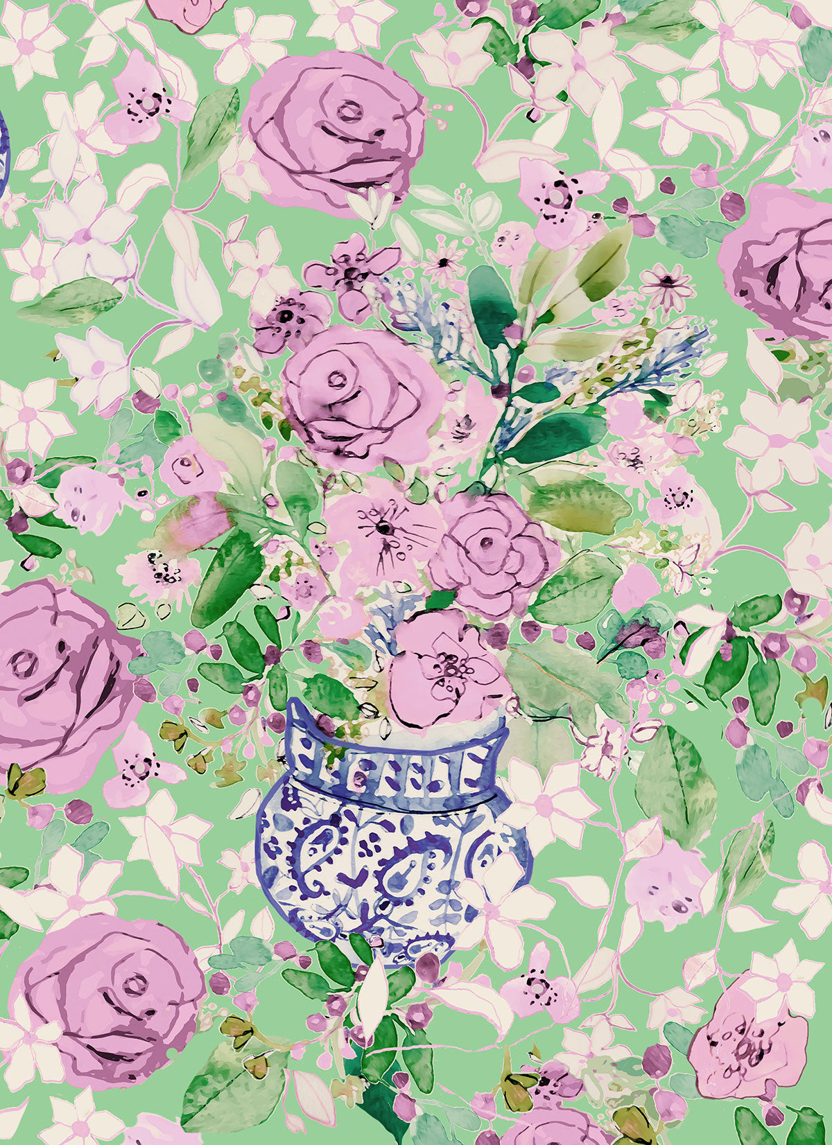 ©Byheart Design Sweden FL0010 — Spanish Flowers, watercolor floral print in mint green colorway. Seamless repeat, 300 DPI. Available for B2B licensing.
