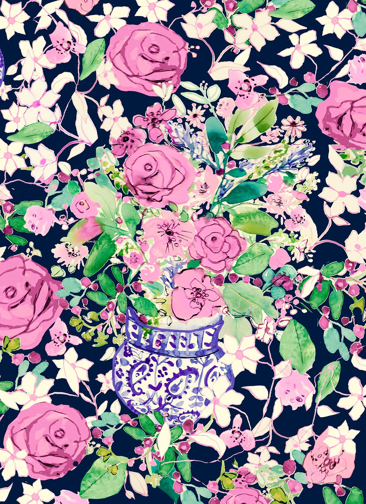 ©Byheart Design Sweden FL0010 — Spanish Flowers, watercolor floral print in dark blue  colorway. Seamless repeat, 300 DPI. Available for B2B licensing.