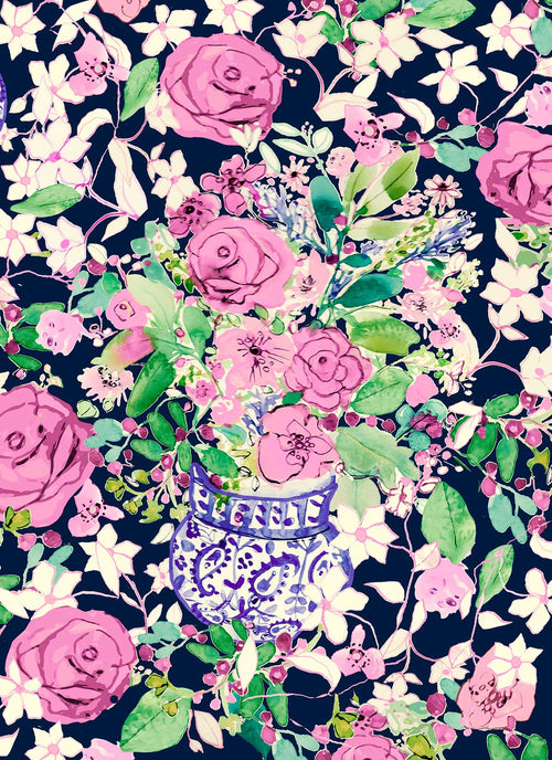 ©Byheart Design Sweden FL0010 — Spanish Flowers, watercolor floral print in dark blue  colorway. Seamless repeat, 300 DPI. Available for B2B licensing.