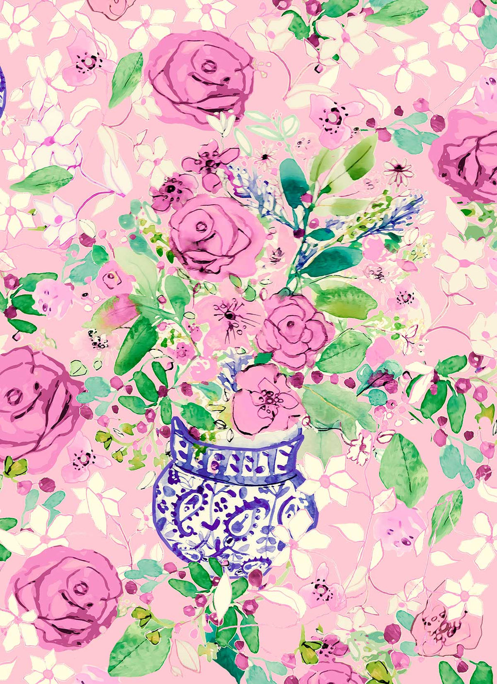 ©Byheart Design Sweden FL0010 — Spanish Flowers, watercolor floral print in pink colorway. Seamless repeat, 300 DPI. Available for B2B licensing.