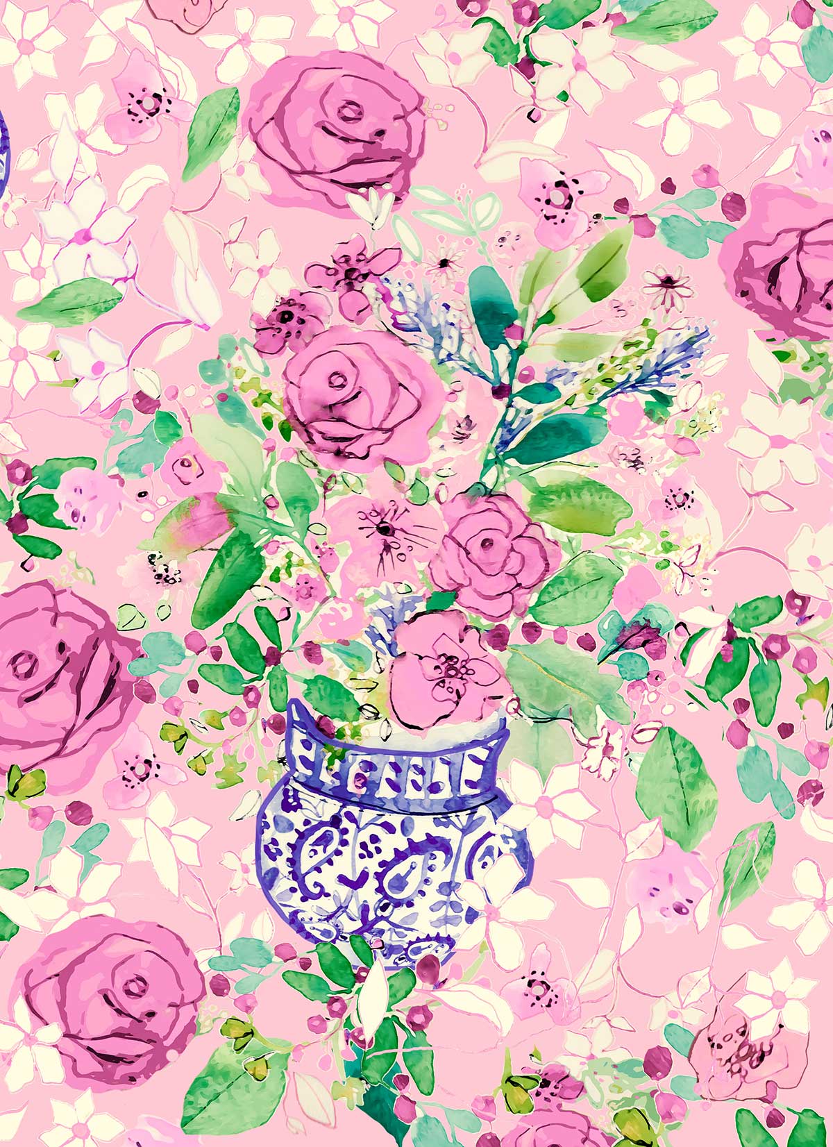 ©Byheart Design Sweden FL0010 — Spanish Flowers, watercolor floral print in pink colorway. Seamless repeat, 300 DPI. Available for B2B licensing.