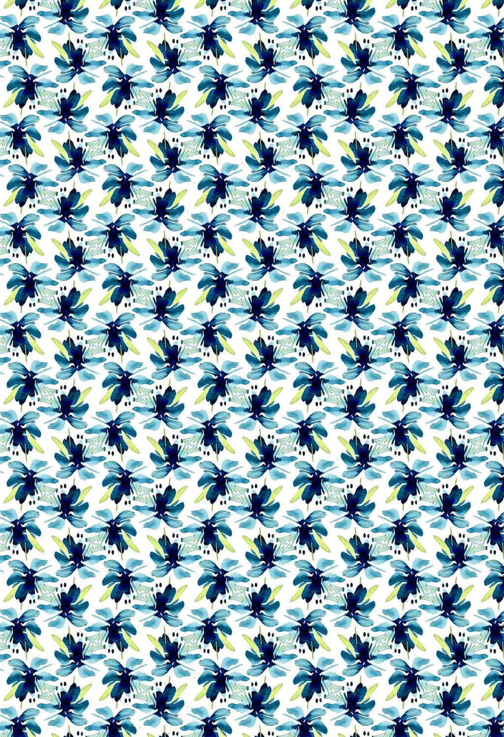 ©Byheart Design Sweden FL011 — Blue Blooms in Dots, watercolor floral print in mixwed white colorway. Seamless repeat, 300 DPI. Available for B2B licensing.