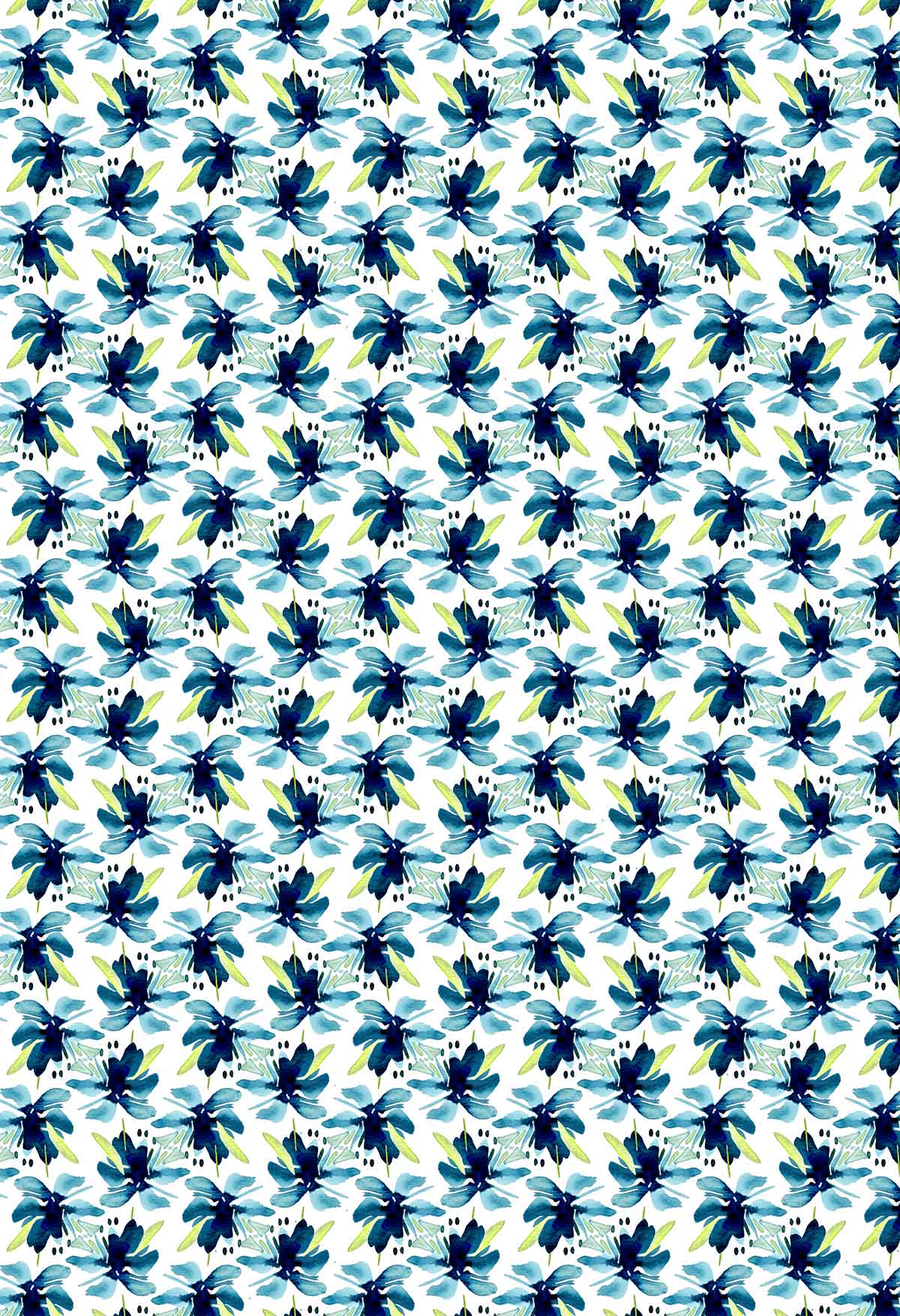 ©Byheart Design Sweden FL011 — Blue Blooms in Dots, watercolor floral print in mixwed white colorway. Seamless repeat, 300 DPI. Available for B2B licensing.