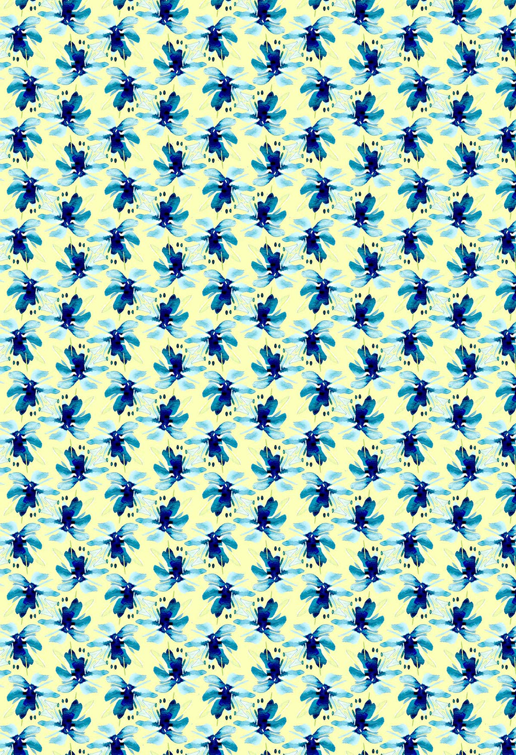 ©Byheart Design Sweden FL011 — Blue Blooms in Dots, watercolor floral print in Yellow colorway. Seamless repeat, 300 DPI. Available for B2B licensing.