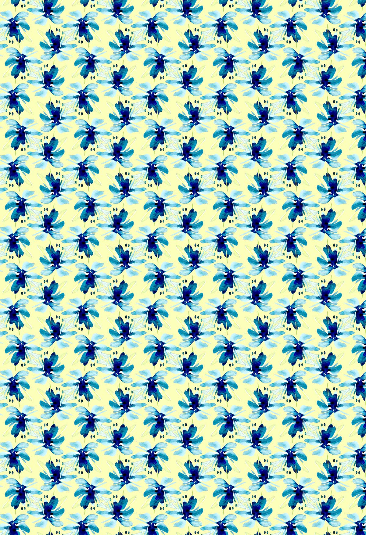 ©Byheart Design Sweden FL011 — Blue Blooms in Dots, watercolor floral print in Yellow colorway. Seamless repeat, 300 DPI. Available for B2B licensing.