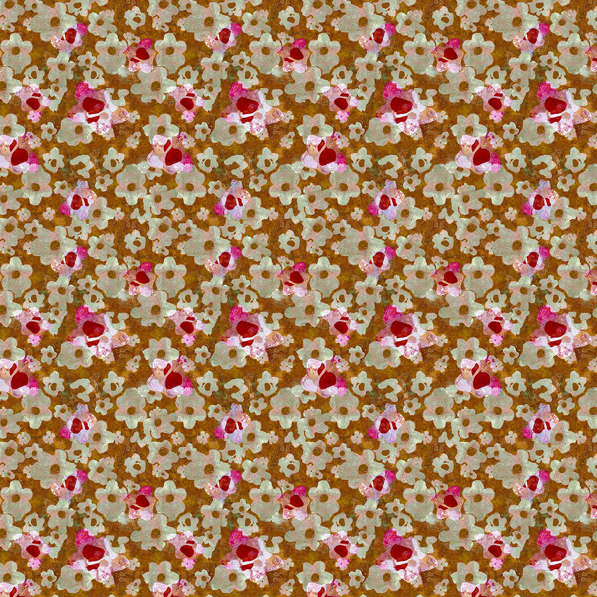 ©Byheart Design Sweden FL0012 — Heavenly Garden, watercolor floral print in Brown  orange colorway. Seamless repeat, 300 DPI. Available for B2B licensing.