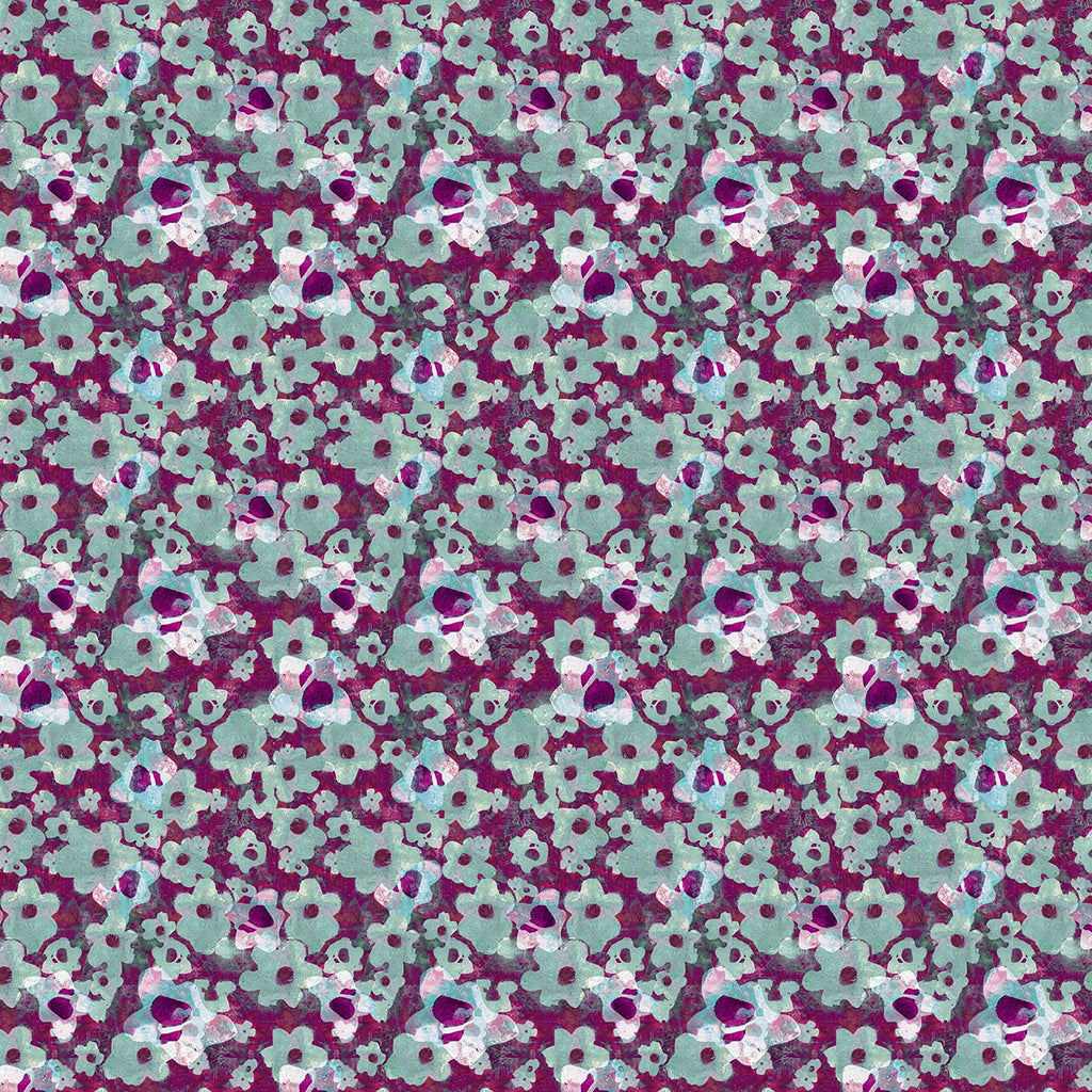 ©Byheart Design Sweden FL0012 — Heavenly Garden, watercolor floral print in Magneta -blue colorway. Seamless repeat, 300 DPI. Available for B2B lic